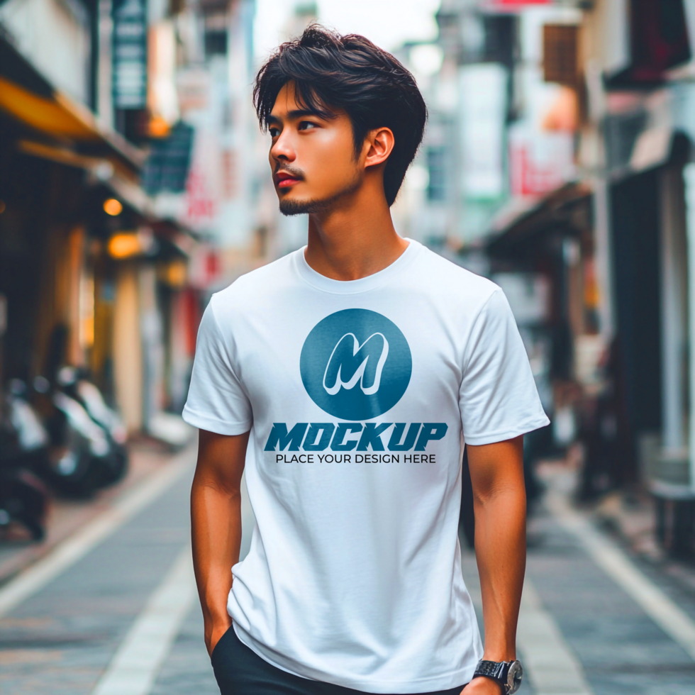 Asian Male Model TShirt Mockup in Urban Setting psd