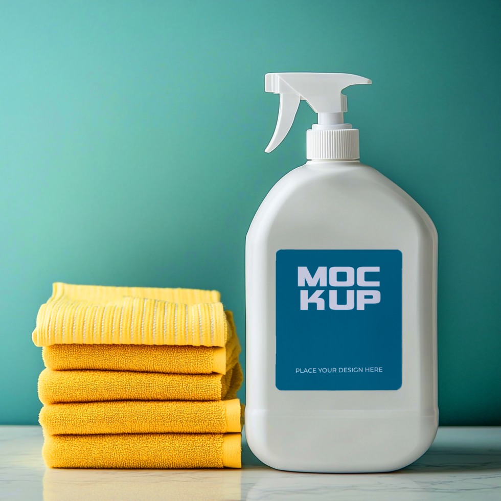 Cleaning Product Mockup Spray Bottle Microfiber Cloths psd
