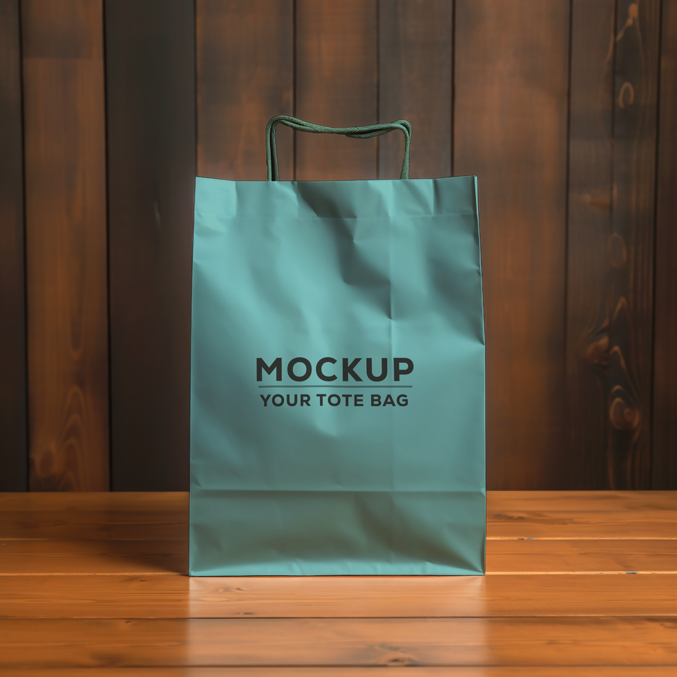 Cyan Blue Tote Bag Mockup with Wooden Table Background psd