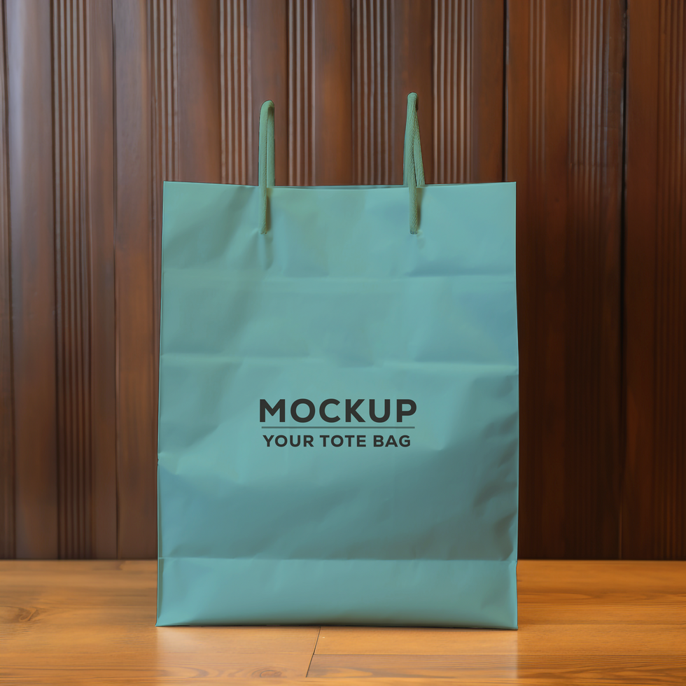 Flat Lay Green Fabric Tote Bag Mockup with Wooden Table psd