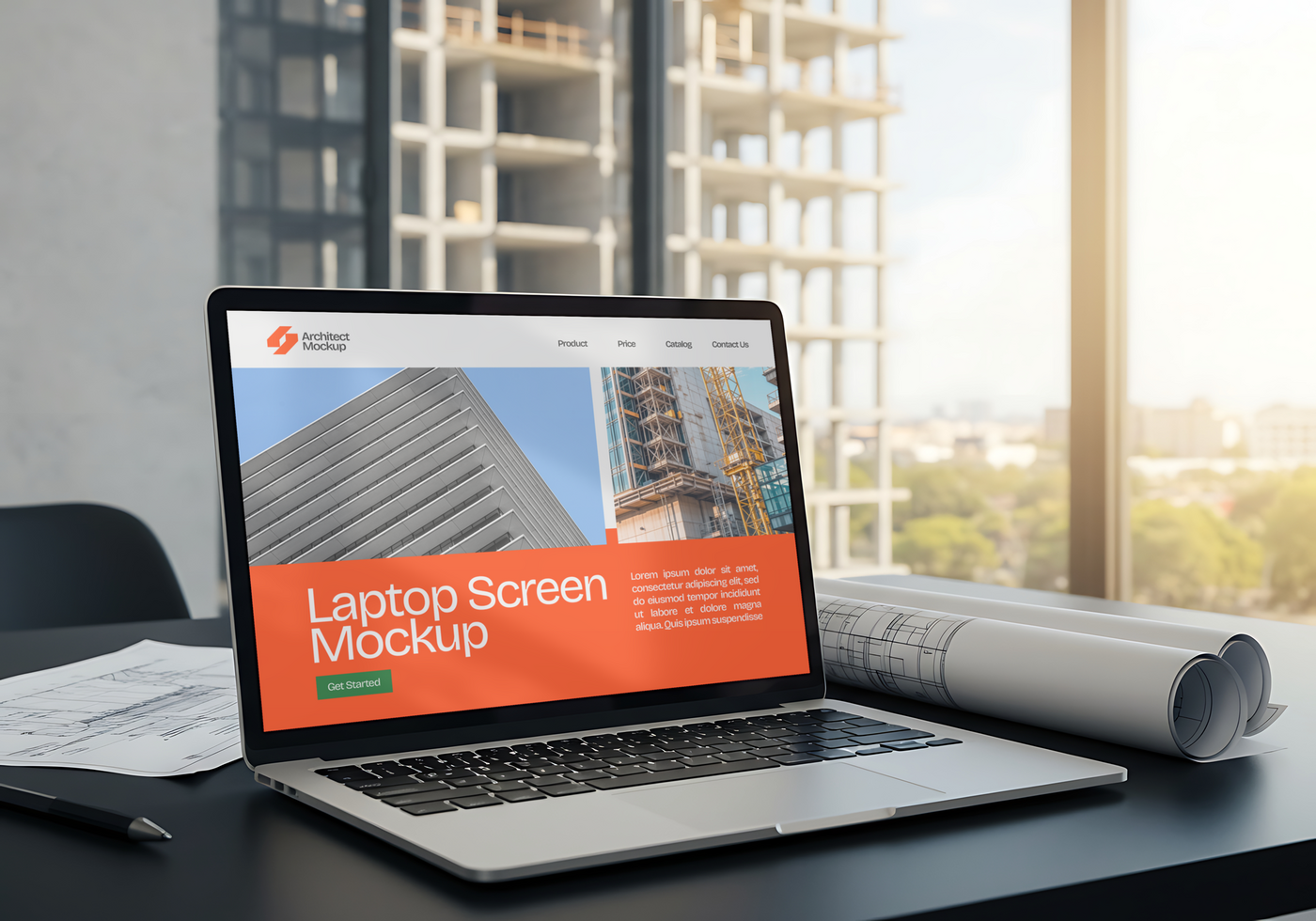 Laptop Screen Mockup on Office Desk with Architectural Plans psd