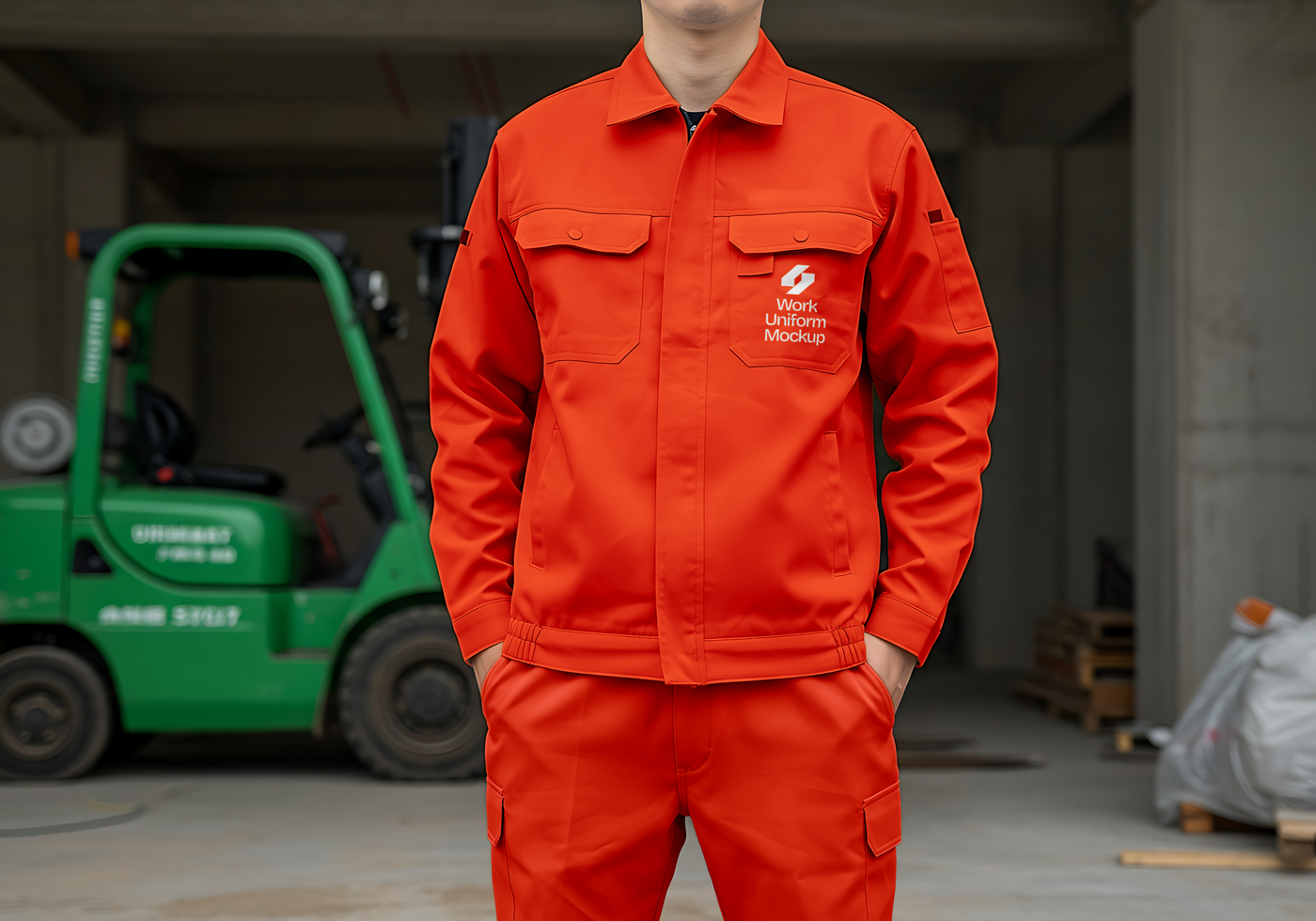 Man in orange work uniform with logo in front of forklift psd