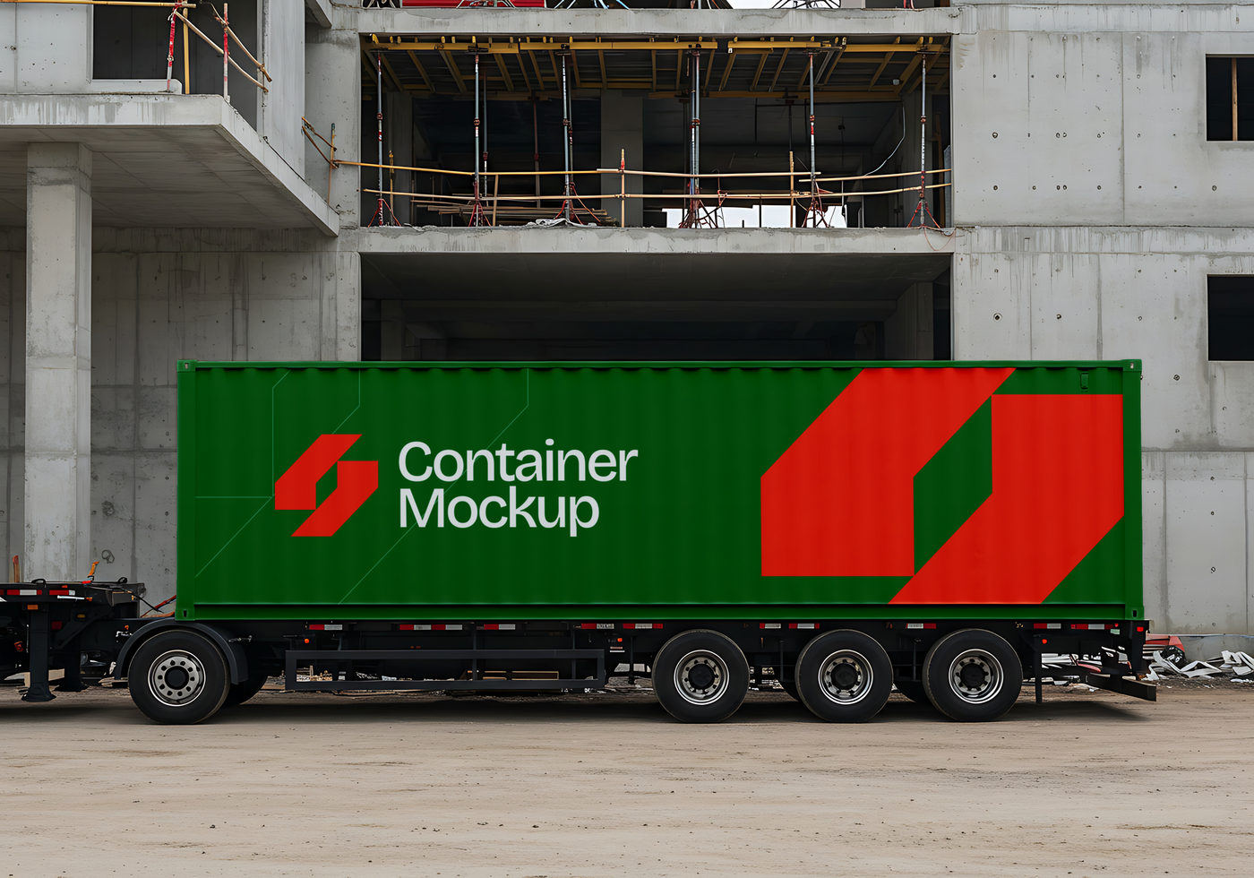 Green Shipping Container Mockup on a Trailer psd