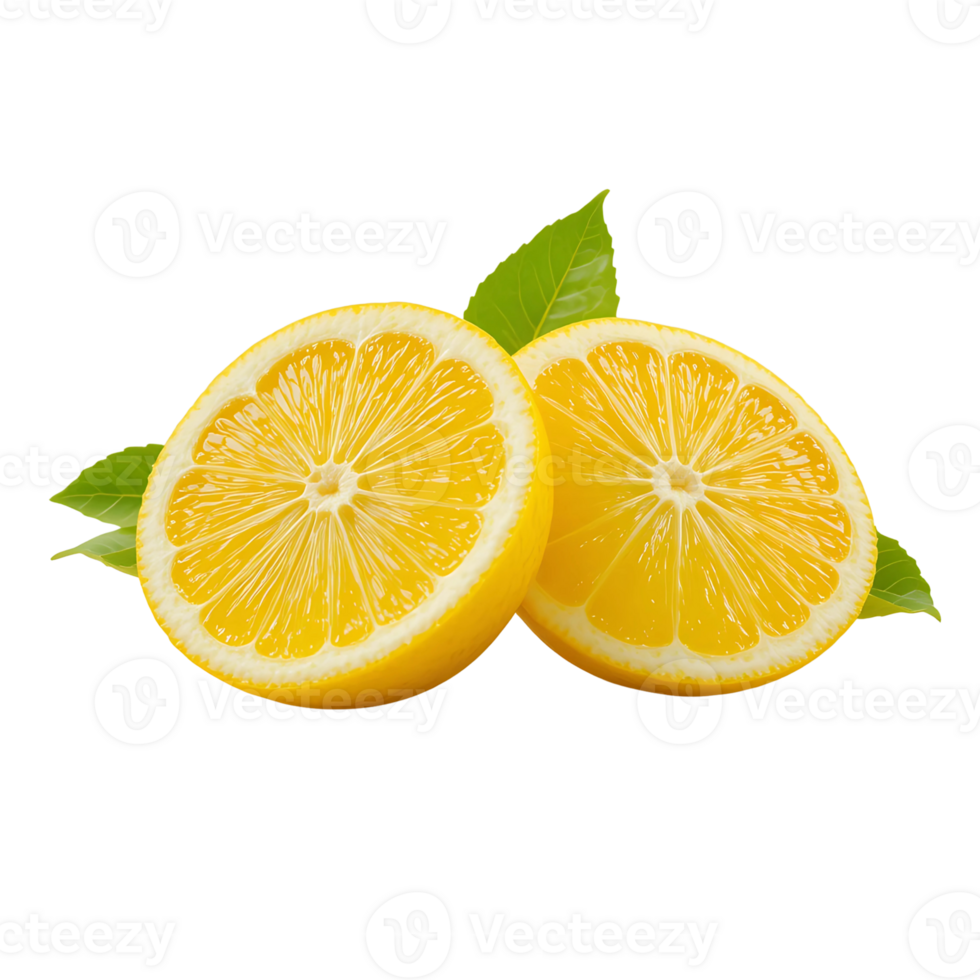 Two halves fresh lemon slices green leaves png