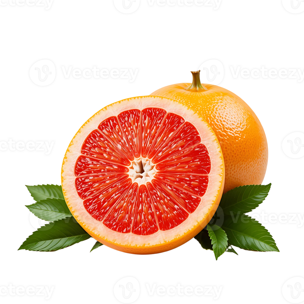 Juicy red grapefruit halved with leaves png