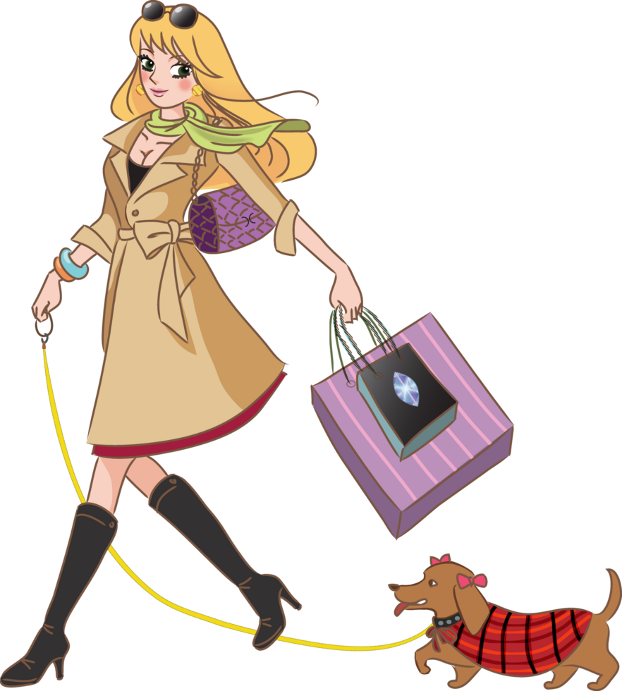 girl taking her dog while go shopping png