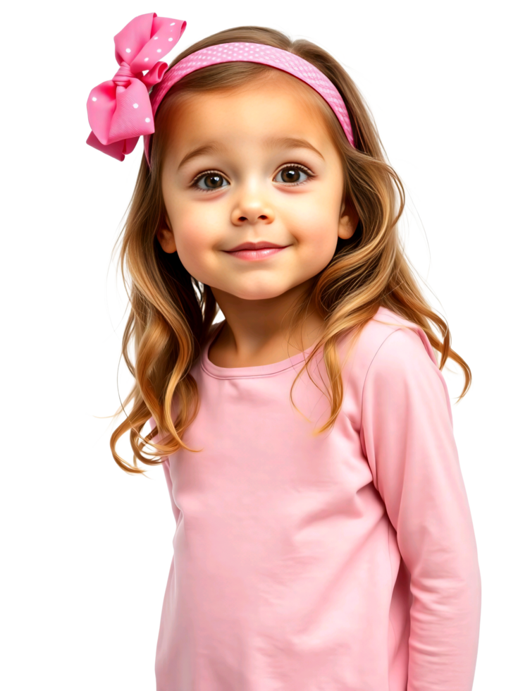 A little girl wearing a pink shirt and a pink bow png