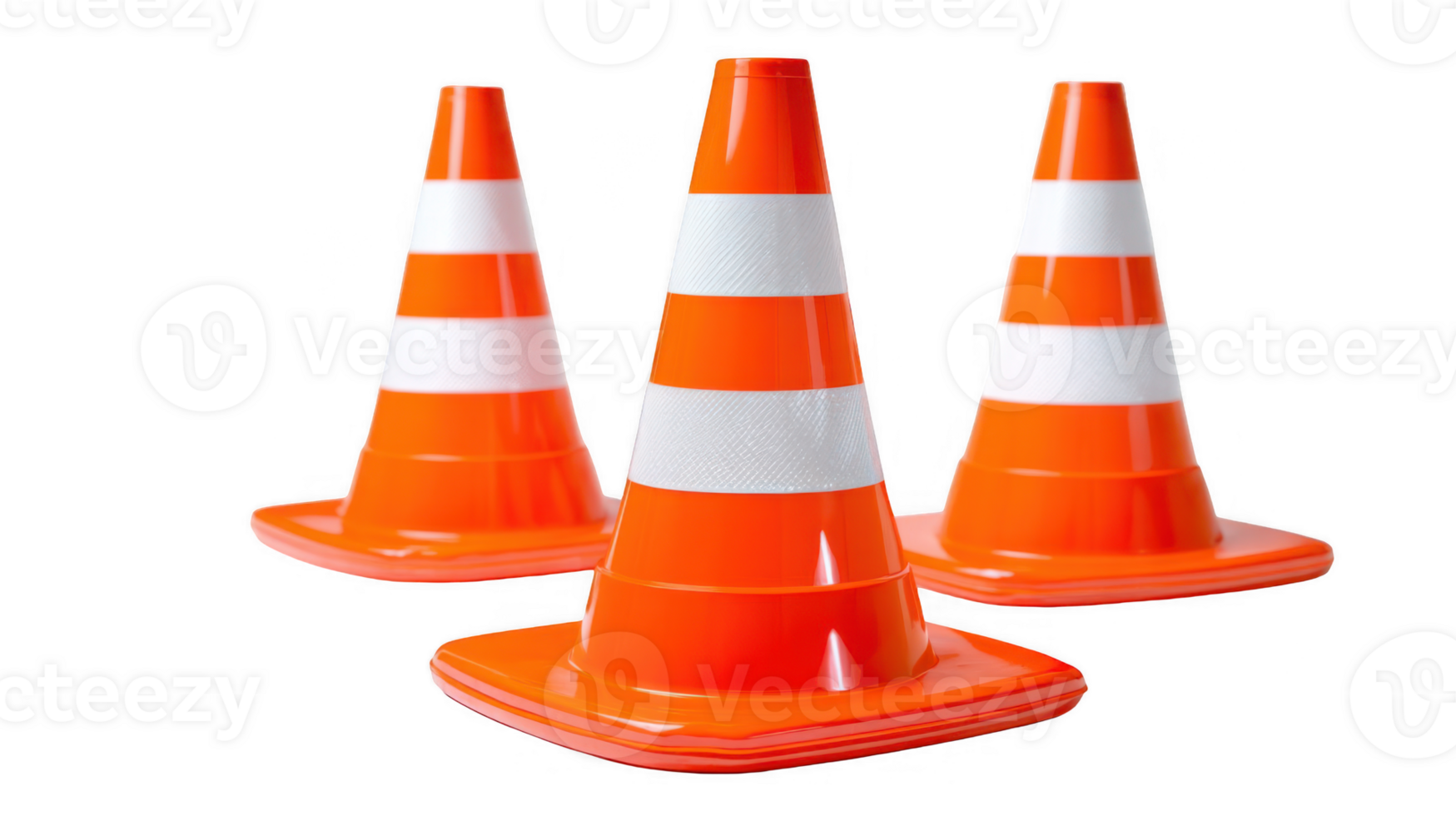 Three bright orange safety cones indicating caution on transparent background png