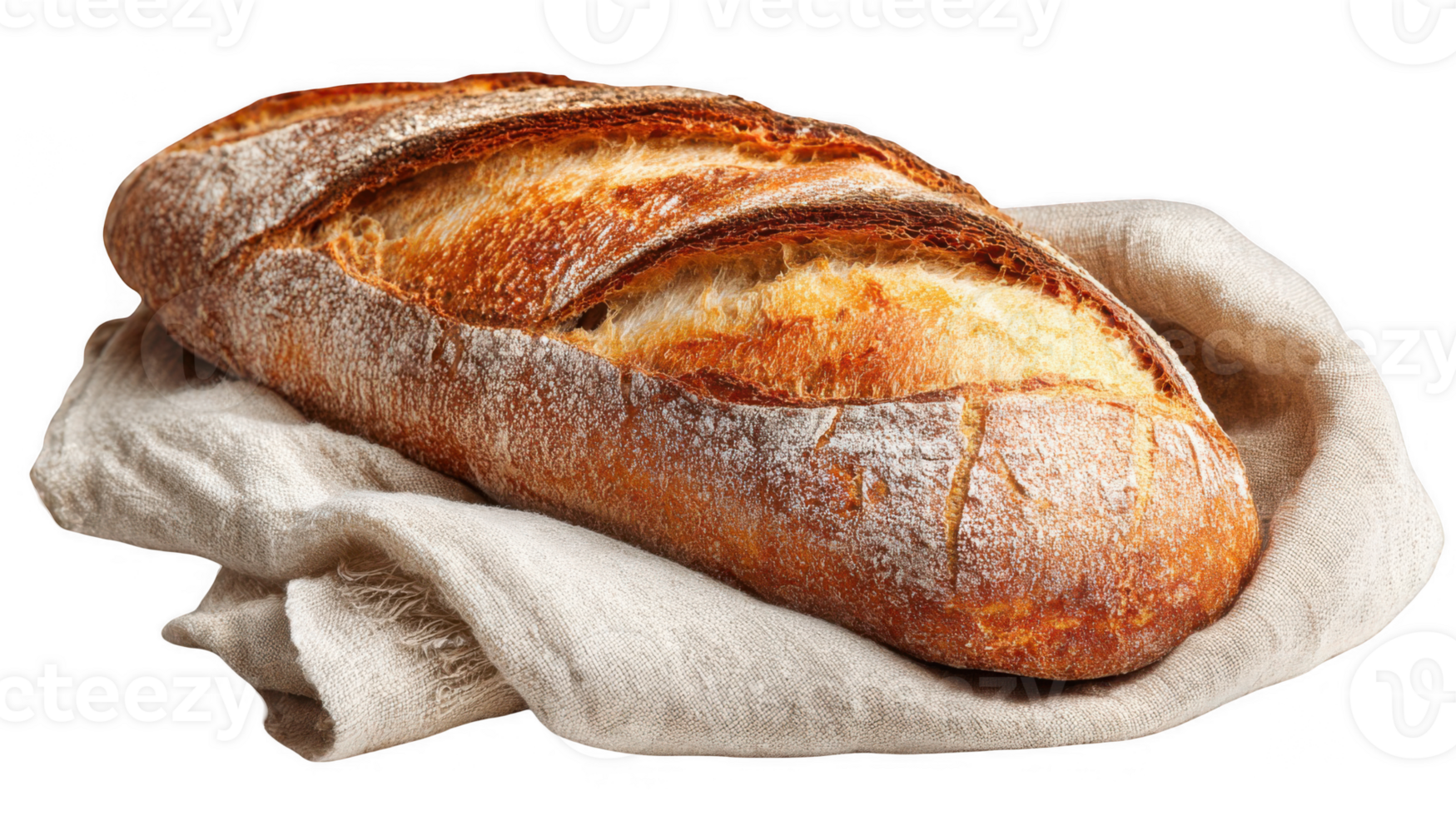 Freshly baked rustic bread loaf resting on linen cloth with transparent background png