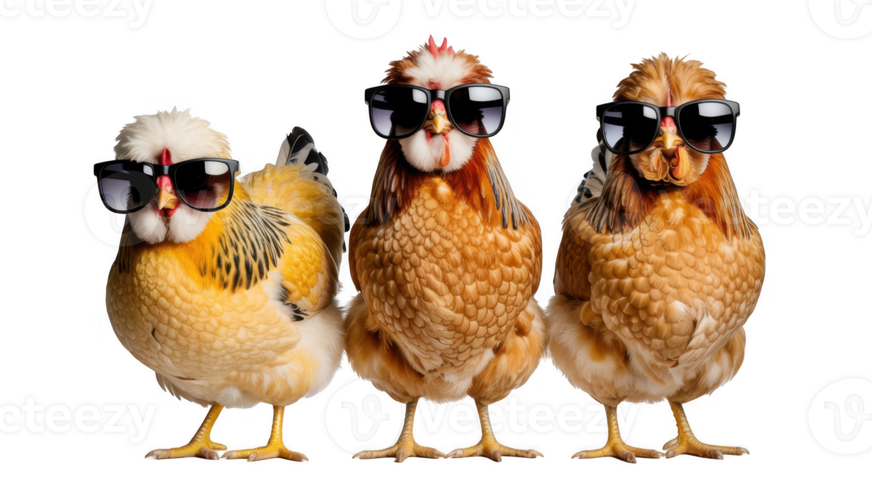 Three cool chickens wearing sunglasses on transparent background png