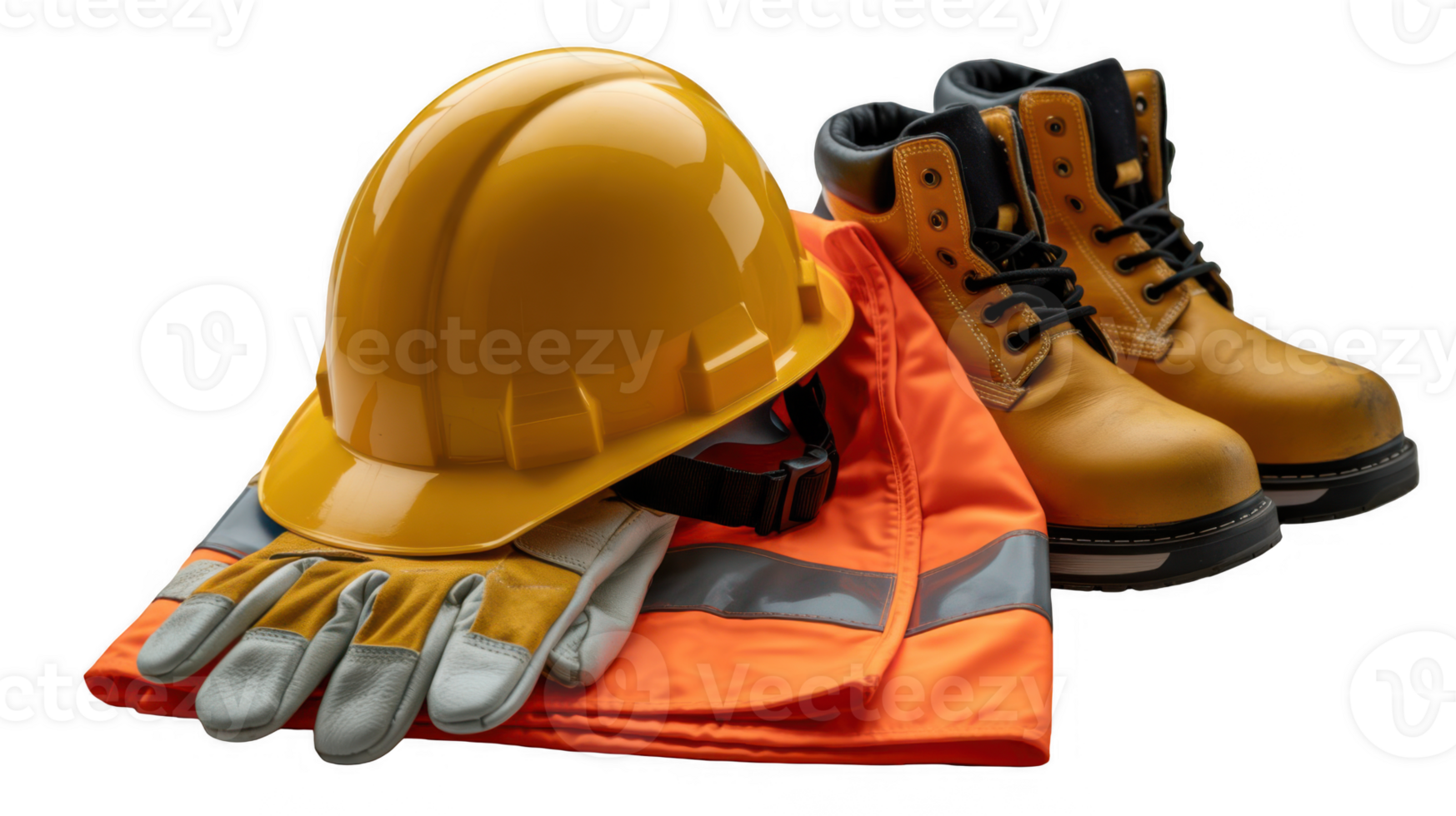 Work safety clothing, boots, gloves and helmet on transparent background png