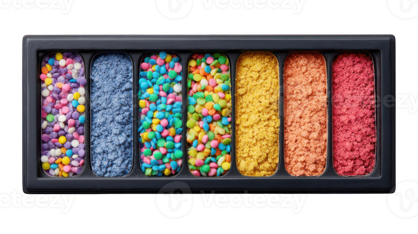 Colorful eyeshadow palette resembling candy sprinkles on transparent background png