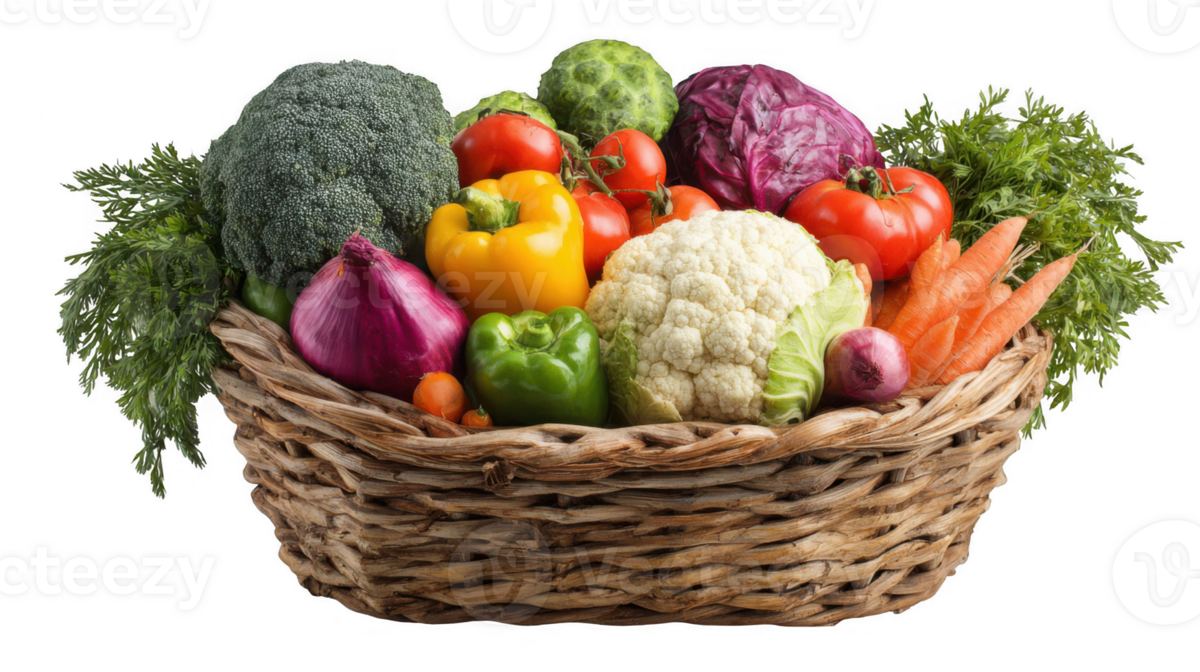 Woven basket overflowing with fresh seasonal vegetables on transparent background png
