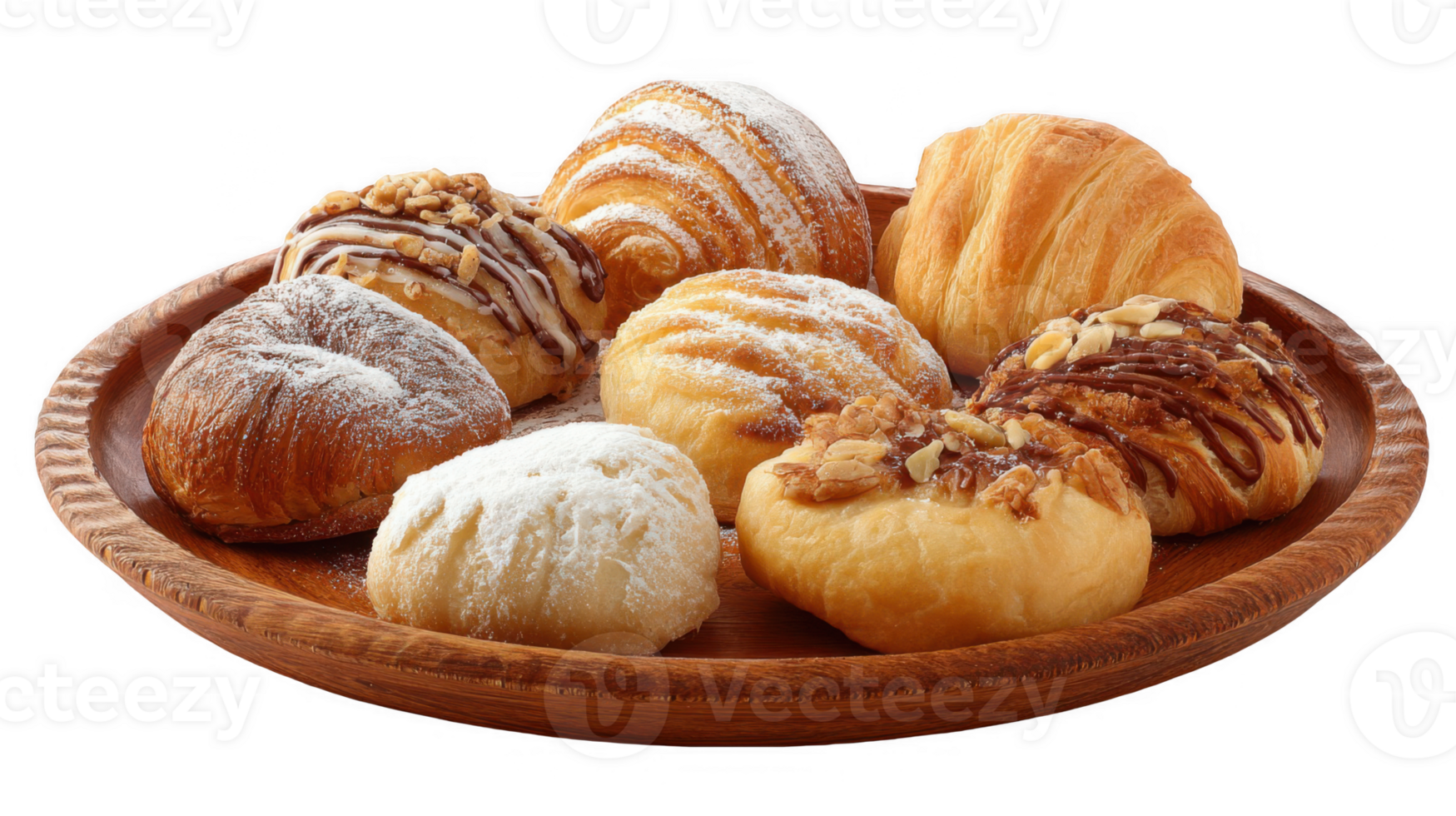 Freshly baked pastries arranged on wooden platter with transparent background png