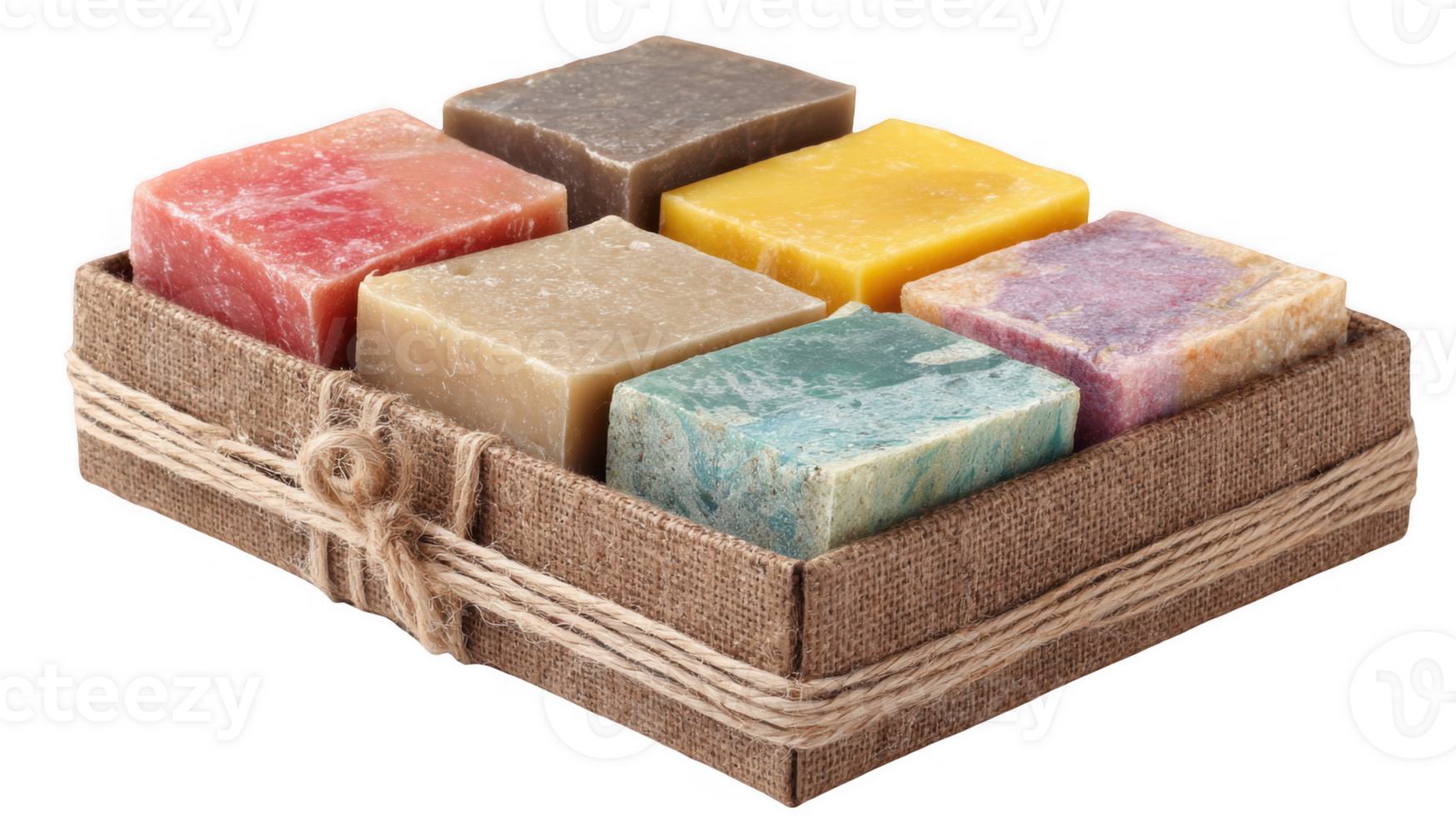 Colorful handmade soap bars in biodegradable box with transparent background png