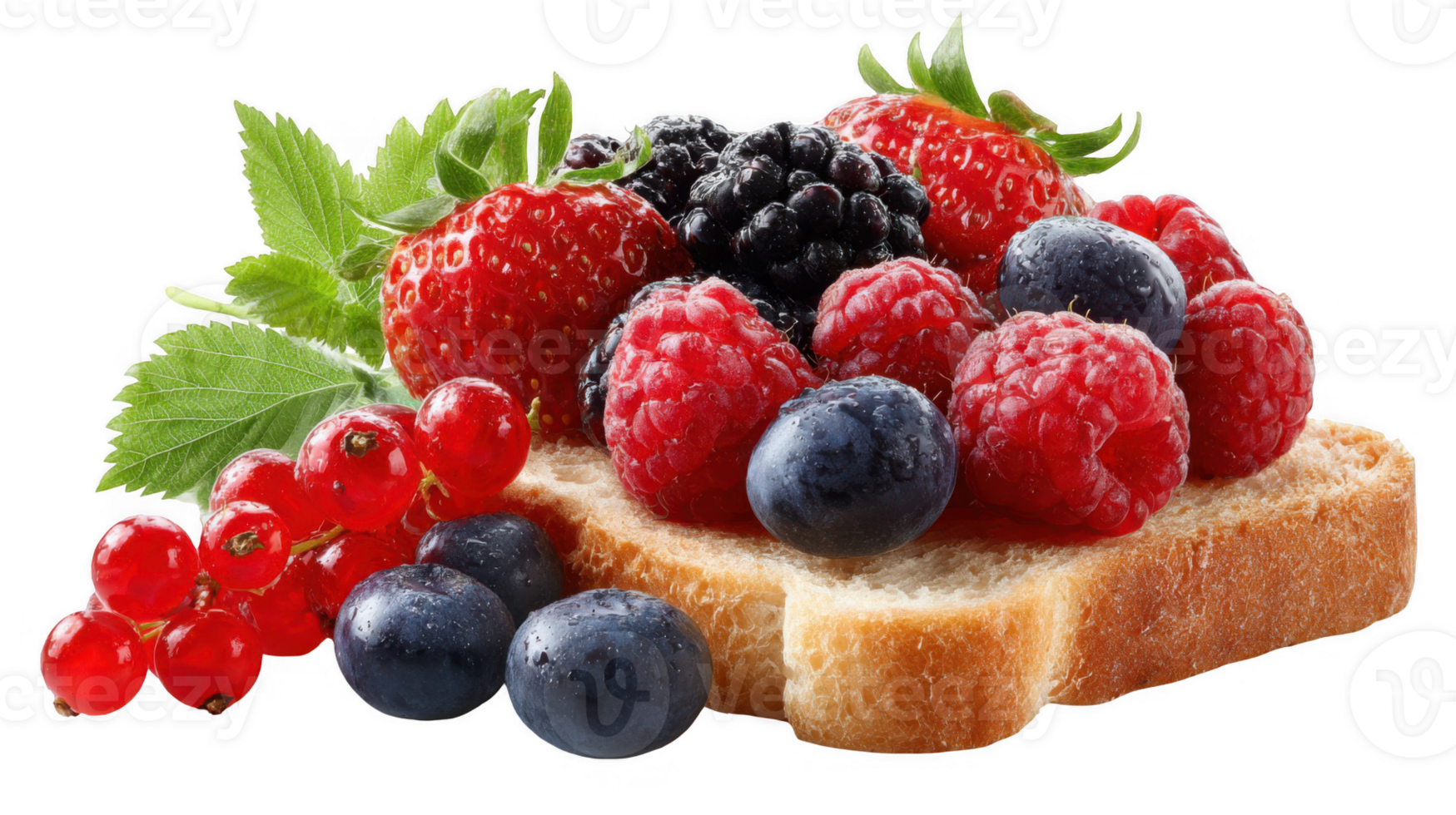 Fresh berries topping a slice of bread on transparent background png