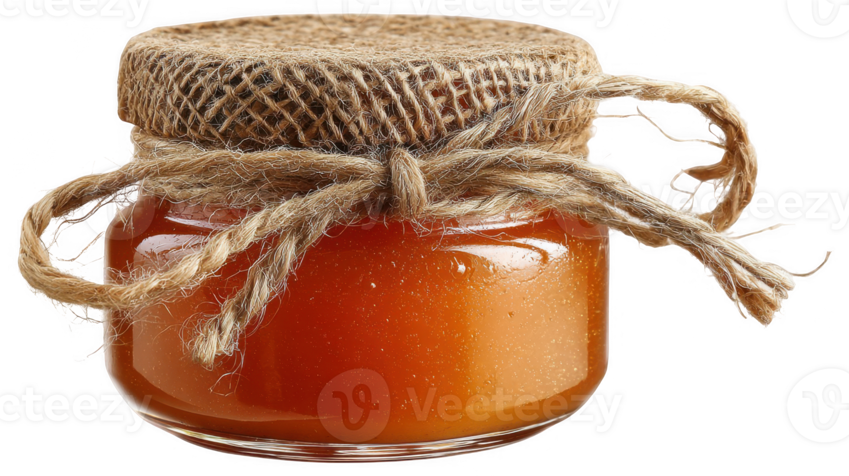 Glass jar of peach preserves with burlap lid and rustic twine on transparent background png