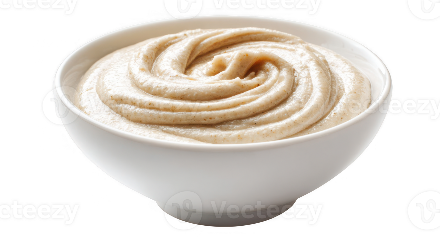 Creamy sourdough pancake batter swirling in white bowl on transparent background png