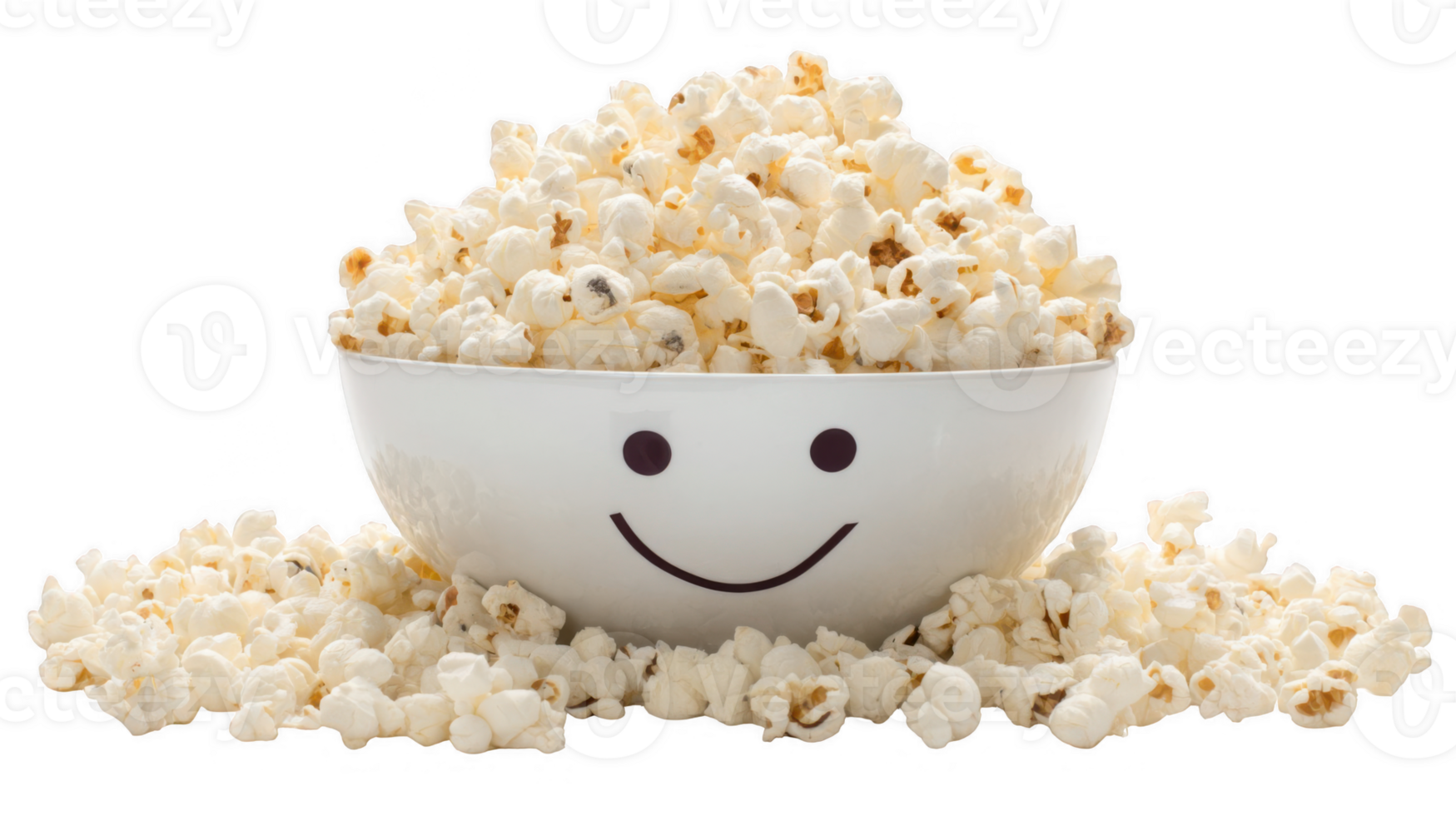 Smiling bowl overflowing with freshly popped popcorn on transparent background png