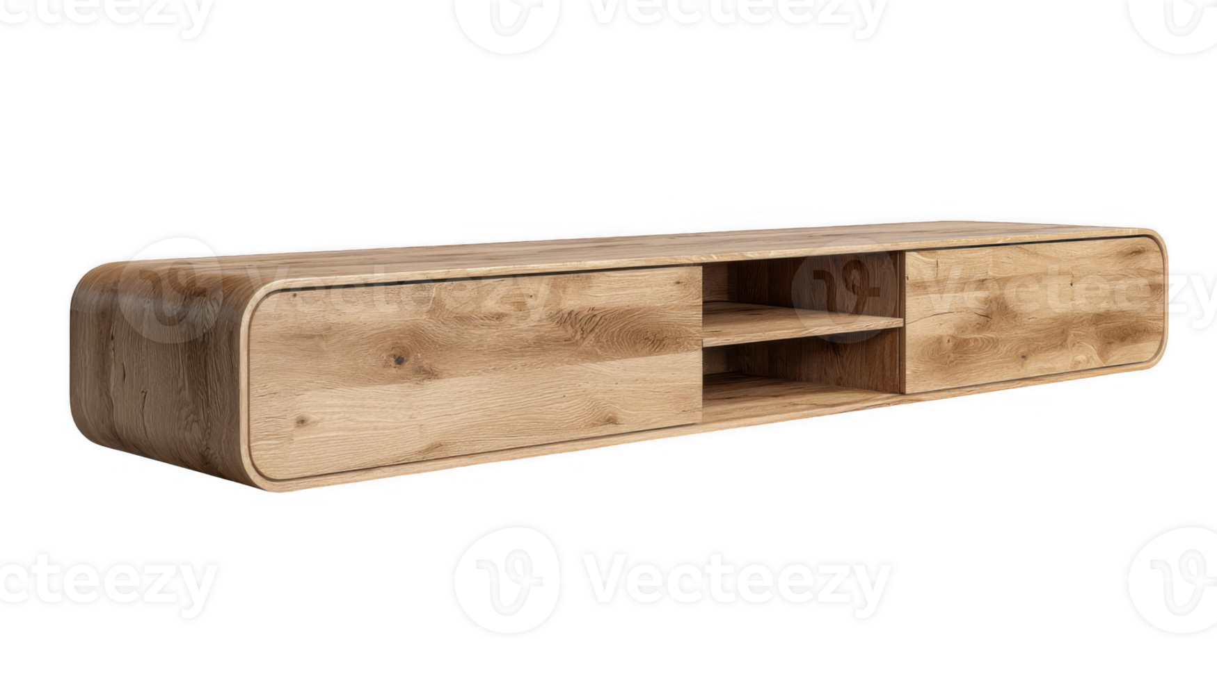 Modern light oak floating tv console with rounded edges on transparent background png