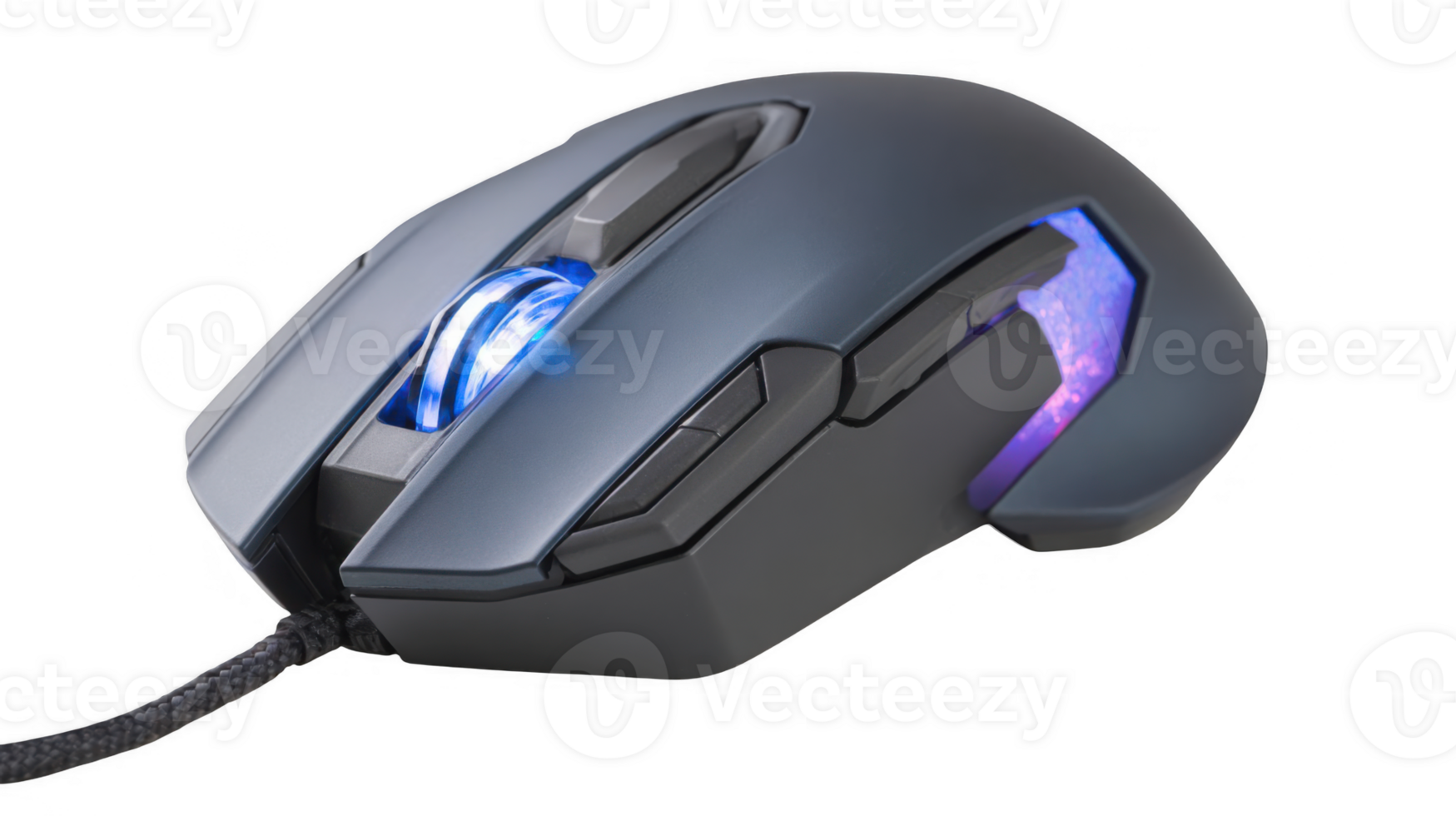 Modern gaming mouse with illuminated scroll wheel and buttons on transparent background png
