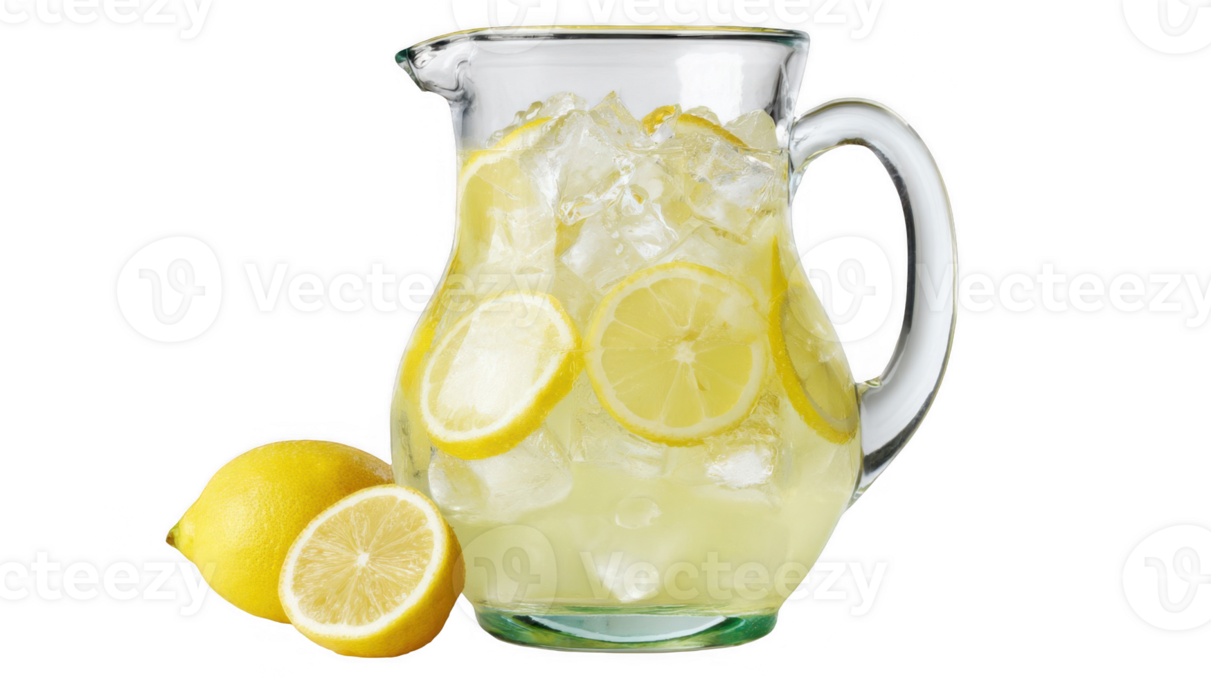 Refreshing lemonade in glass pitcher with ice and lemon slices on transparent background png