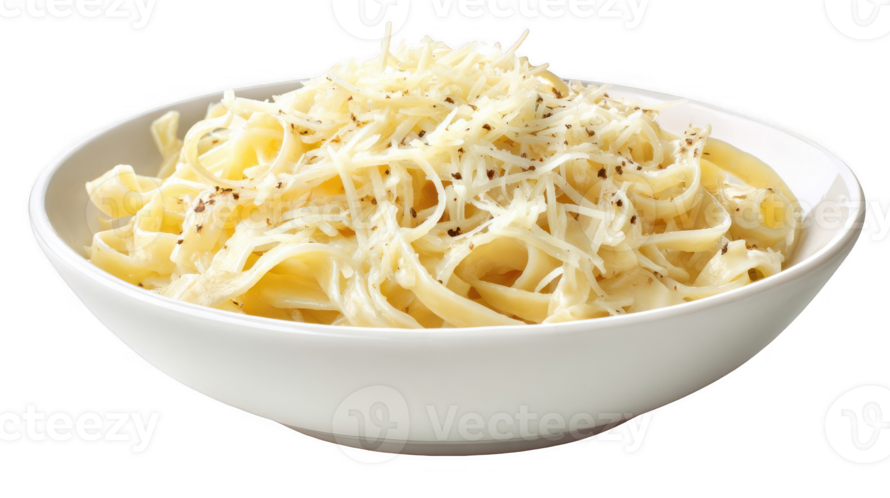 Sourdough pasta with grated cheese and pepper in a white bowl on transparent background png