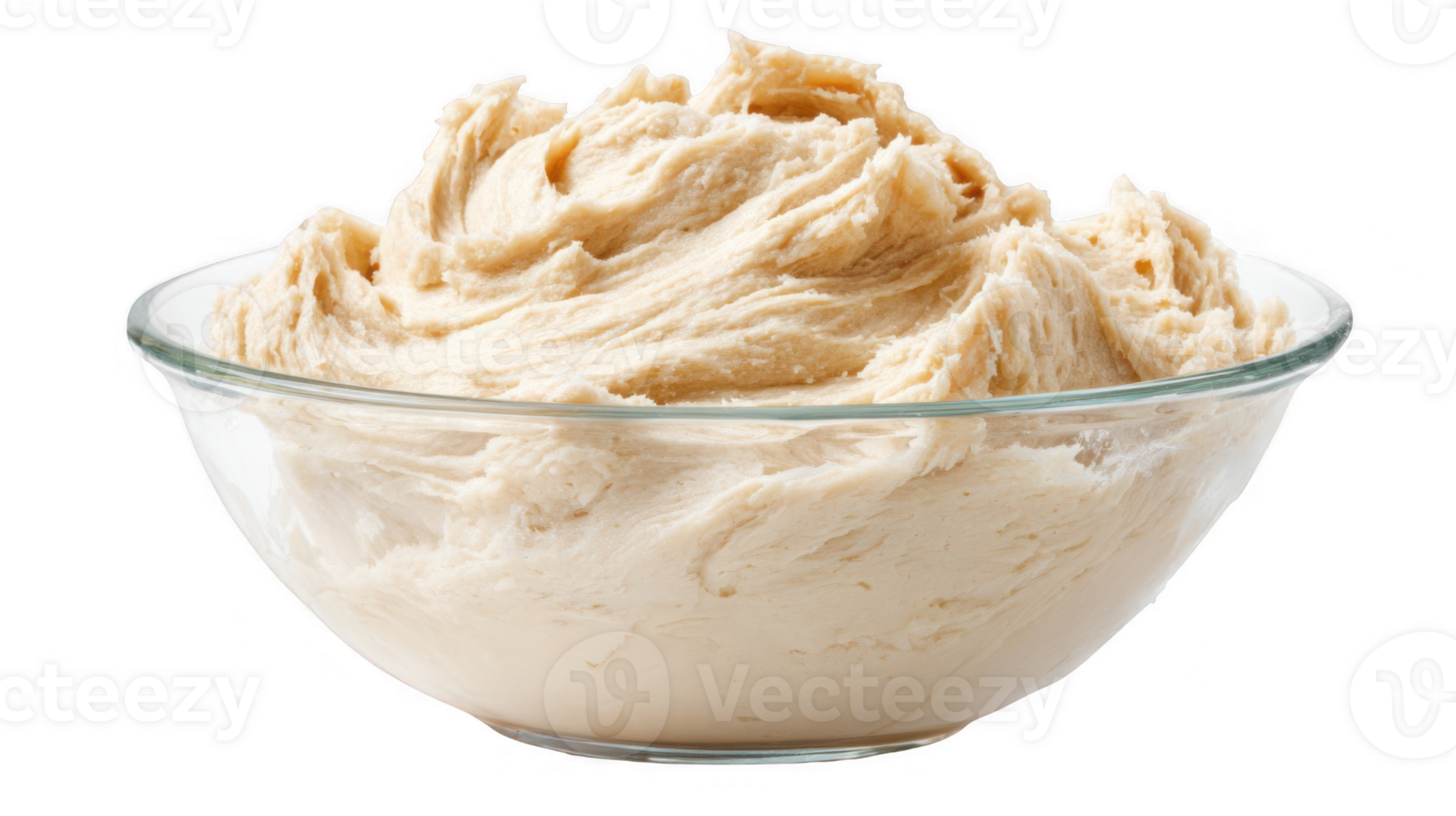 Closeup of sticky dough in glass bowl on transparent background png