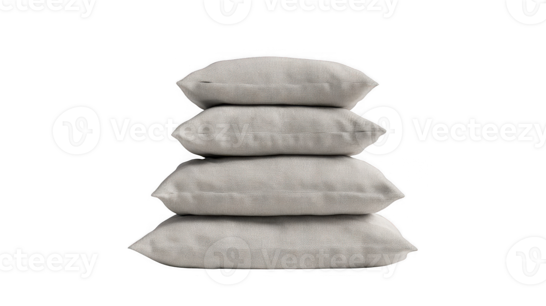 Four soft light grey cushions stacked on transparent background png