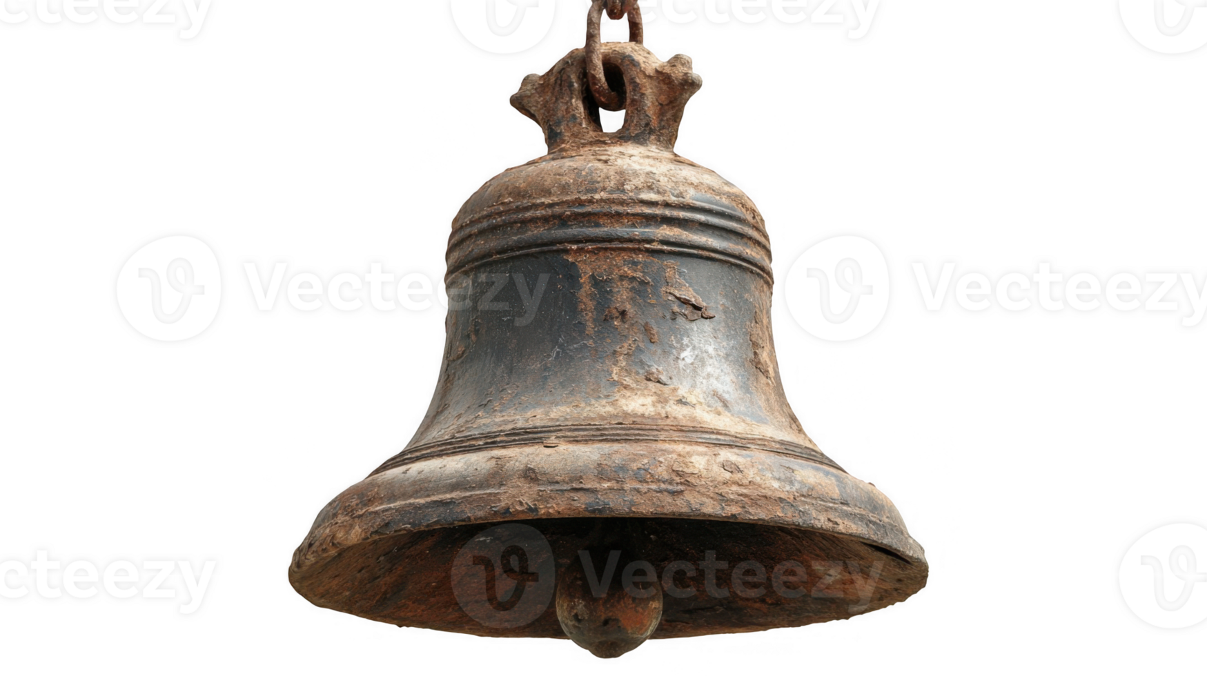 Old rusty bell hanging with transparent background showing character and history png