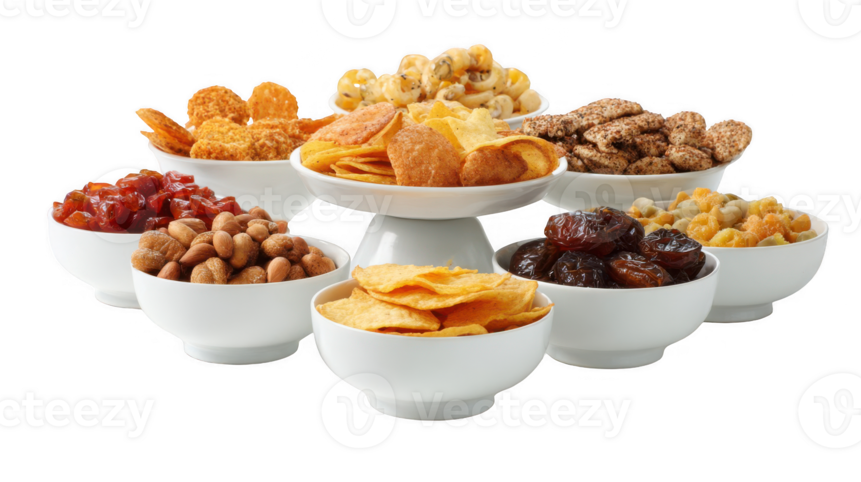Bowls brimming with various snacks creating a tempting display on a transparent background png