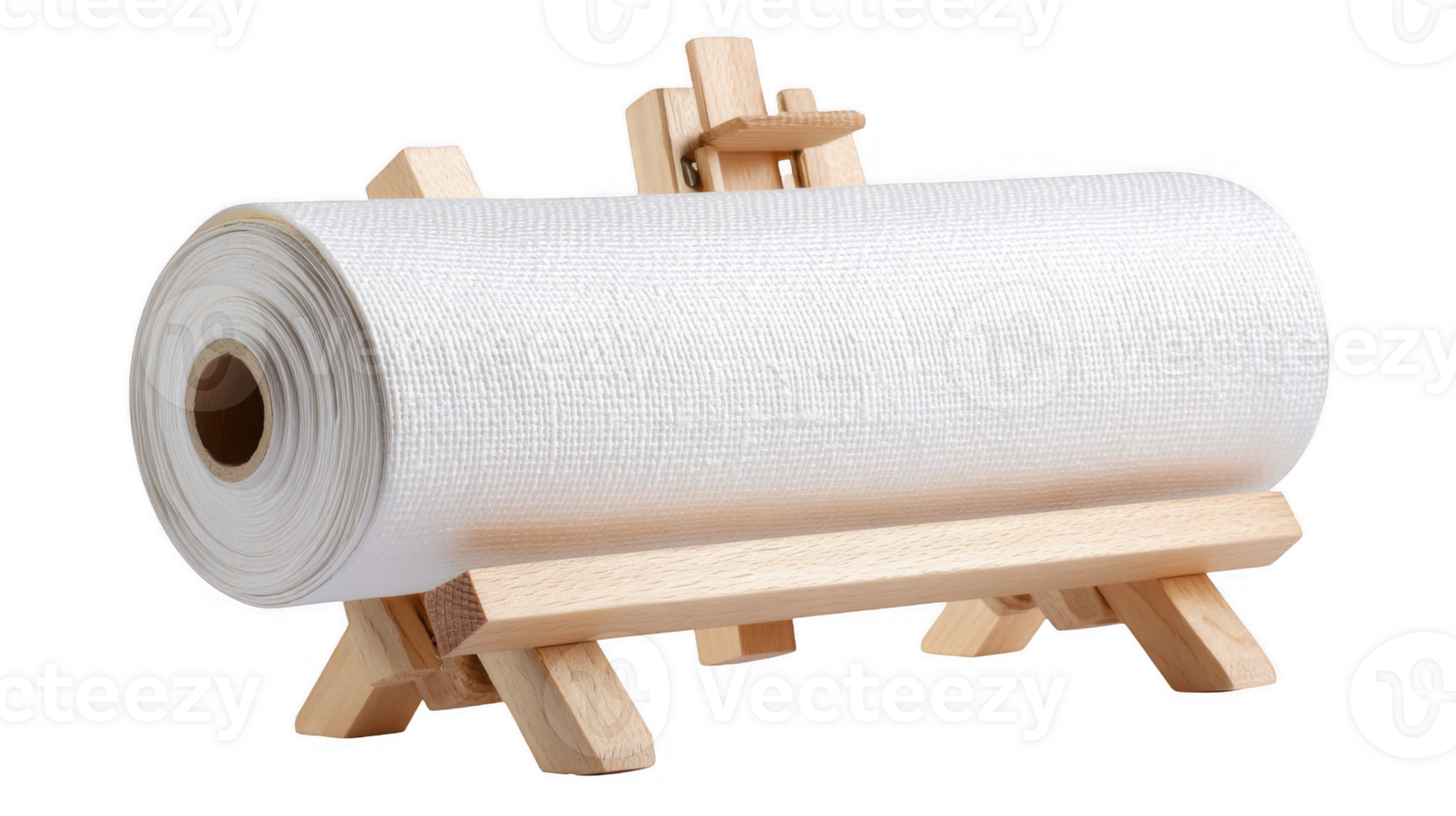 Roll of blank white canvas resting on wooden easel isolated on transparent background png