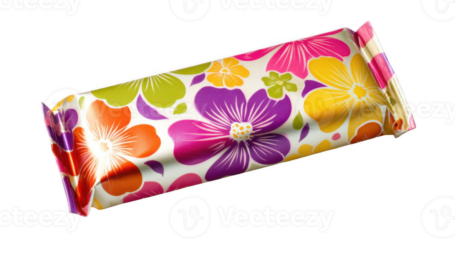 Wrapped chocolate bar with bright floral design on transparent background png