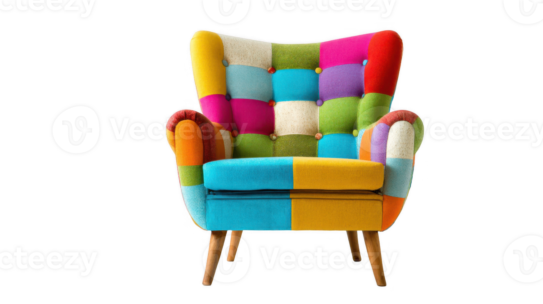 Colorful patchwork armchair showing bold blocks of color on transparent background png