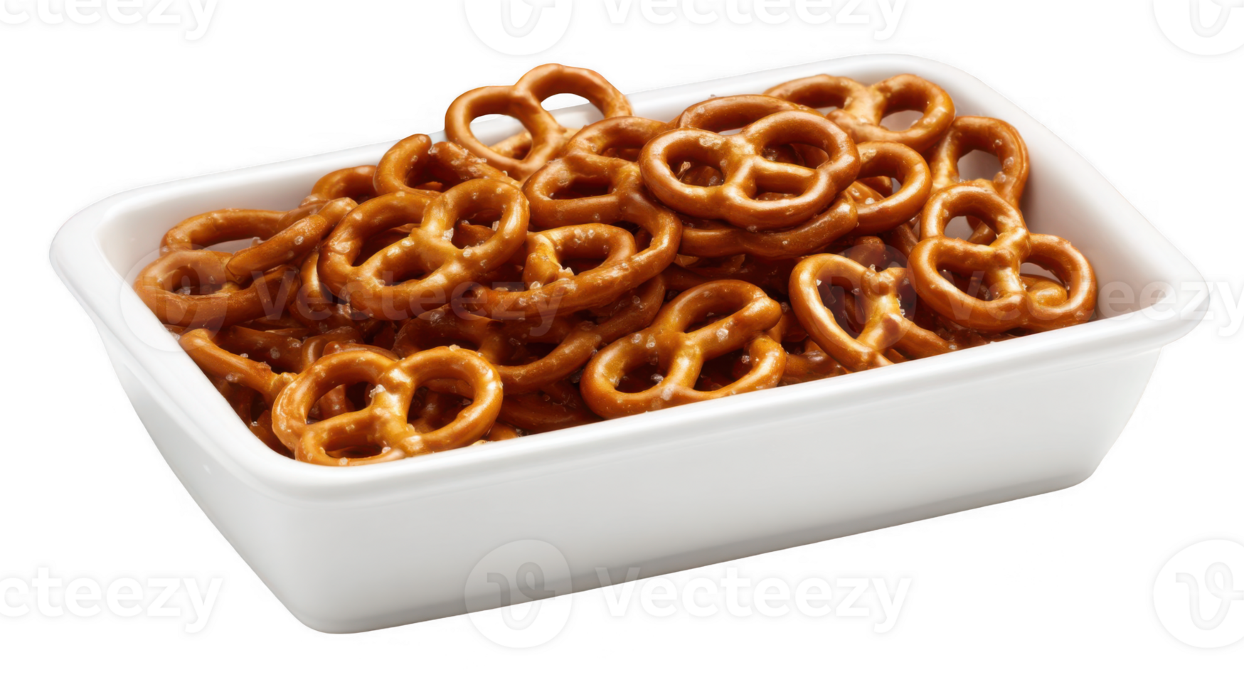 Mini pretzels with salt in a white bowl on transparent background png