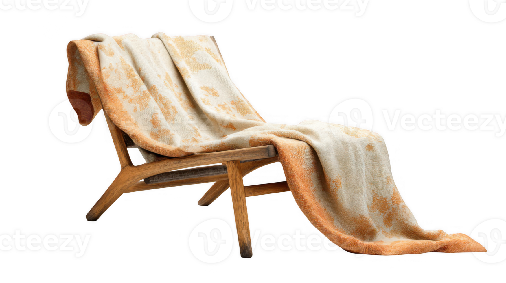 Cozy blanket draped over a wooden lounge chair on transparent background png
