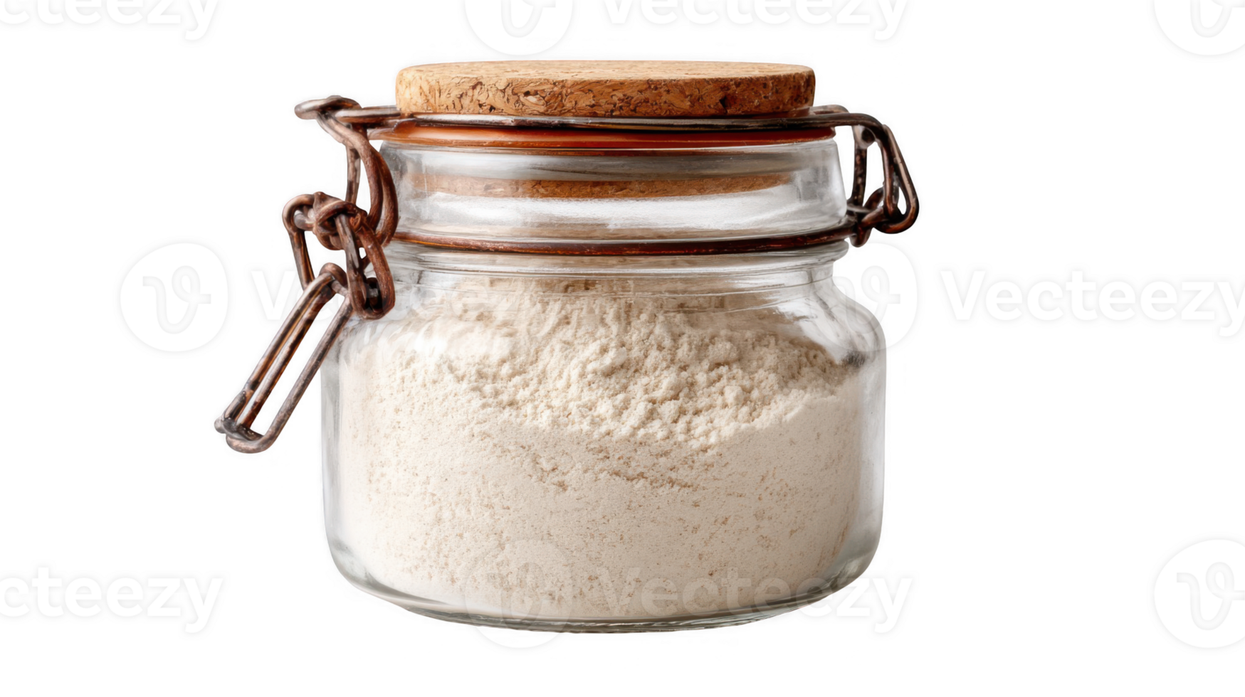 Rustic jar containing dry flour ingredients on transparent background png