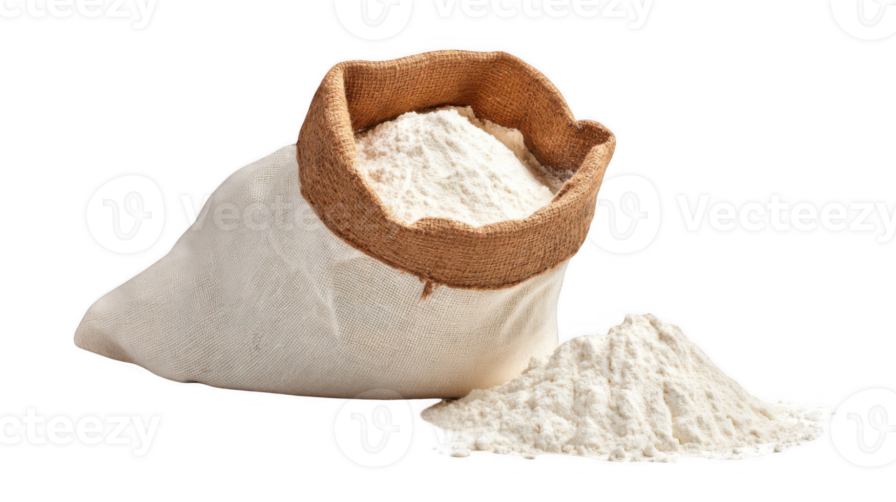 Freshly milled flour spilling from white canvas sack with transparent background png