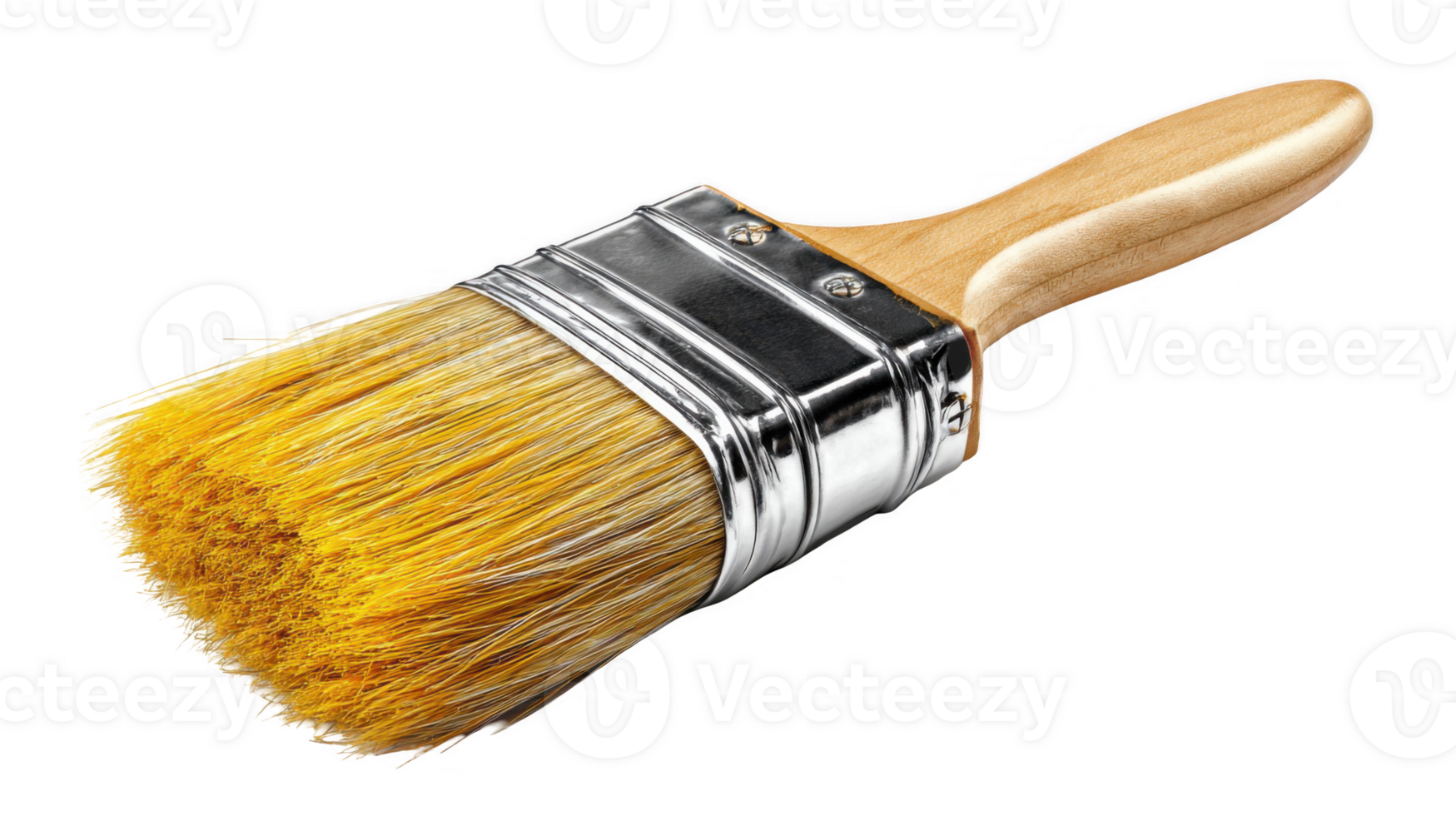 Paint brush with wooden handle and yellow bristles on transparent background png
