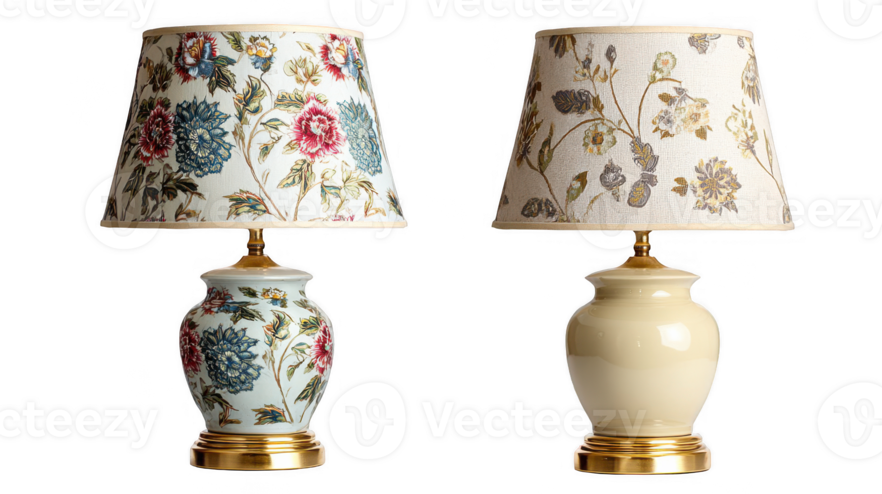 Two elegant table lamps with floral pattern shades on transparent background png