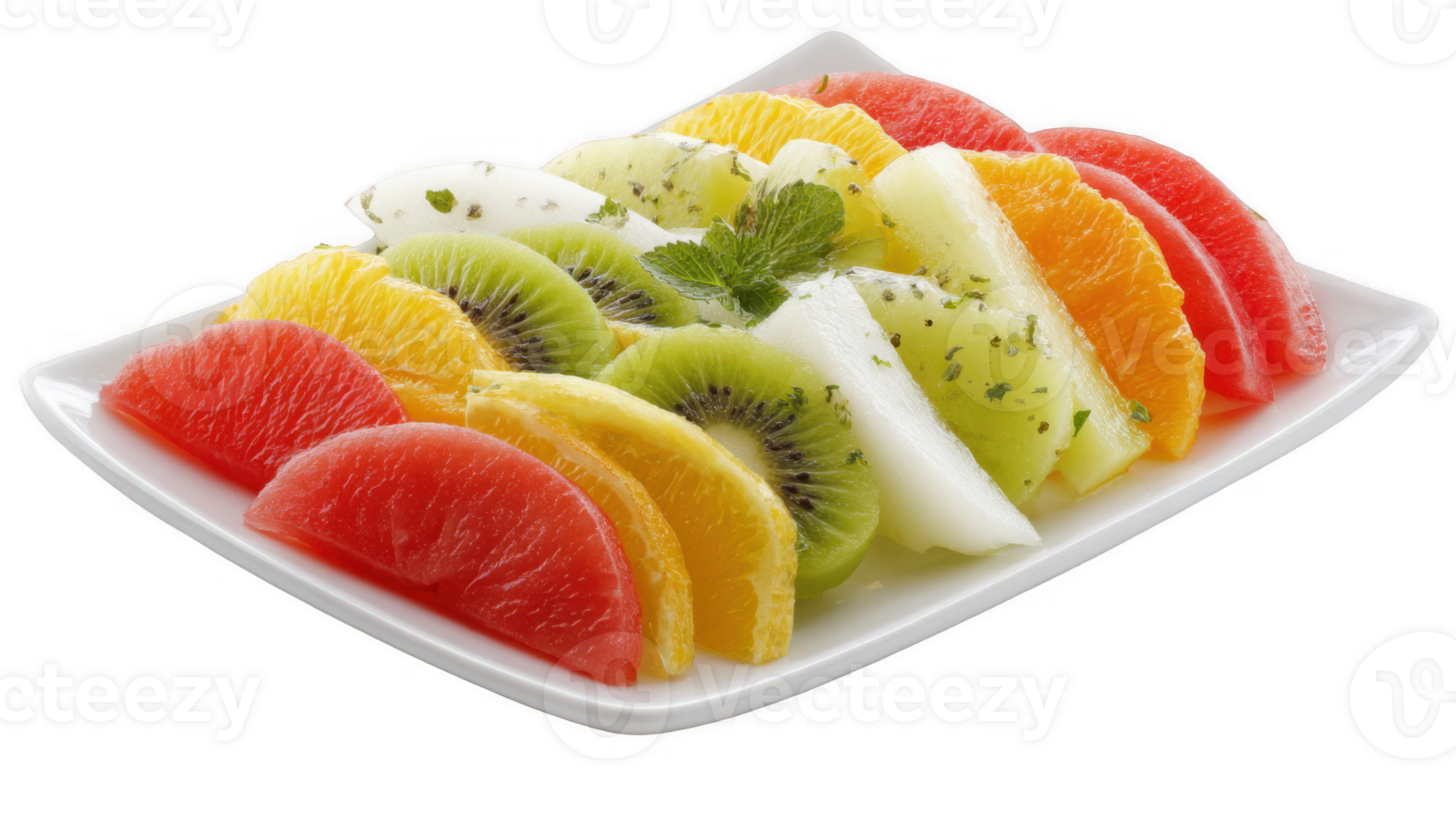 Sliced assorted fruits decorated with mint on a white plate with transparent background png