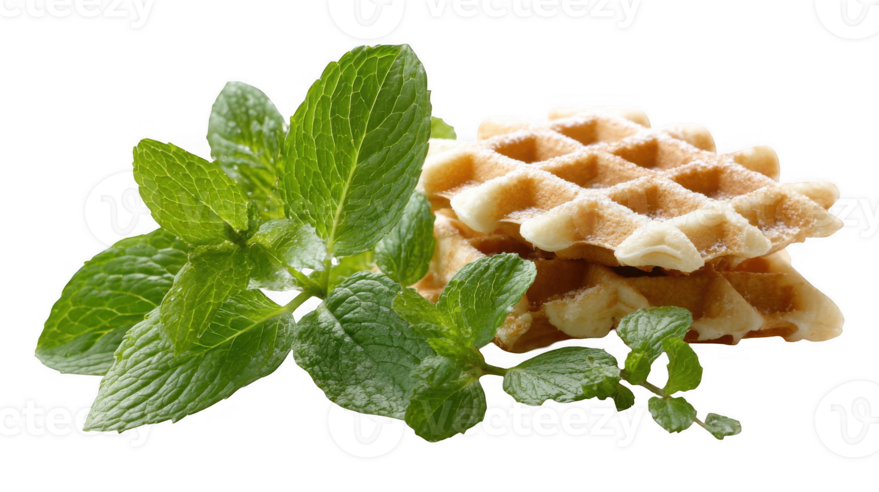 Fresh mint leaves alongside a waffle stack on transparent background png