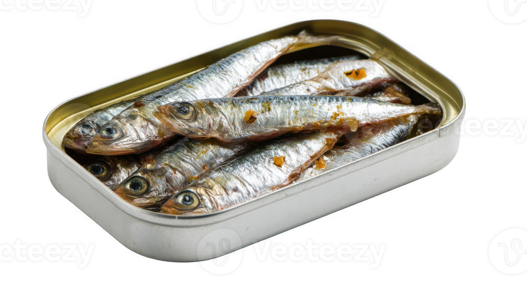 Open tin of sardines on transparent background png
