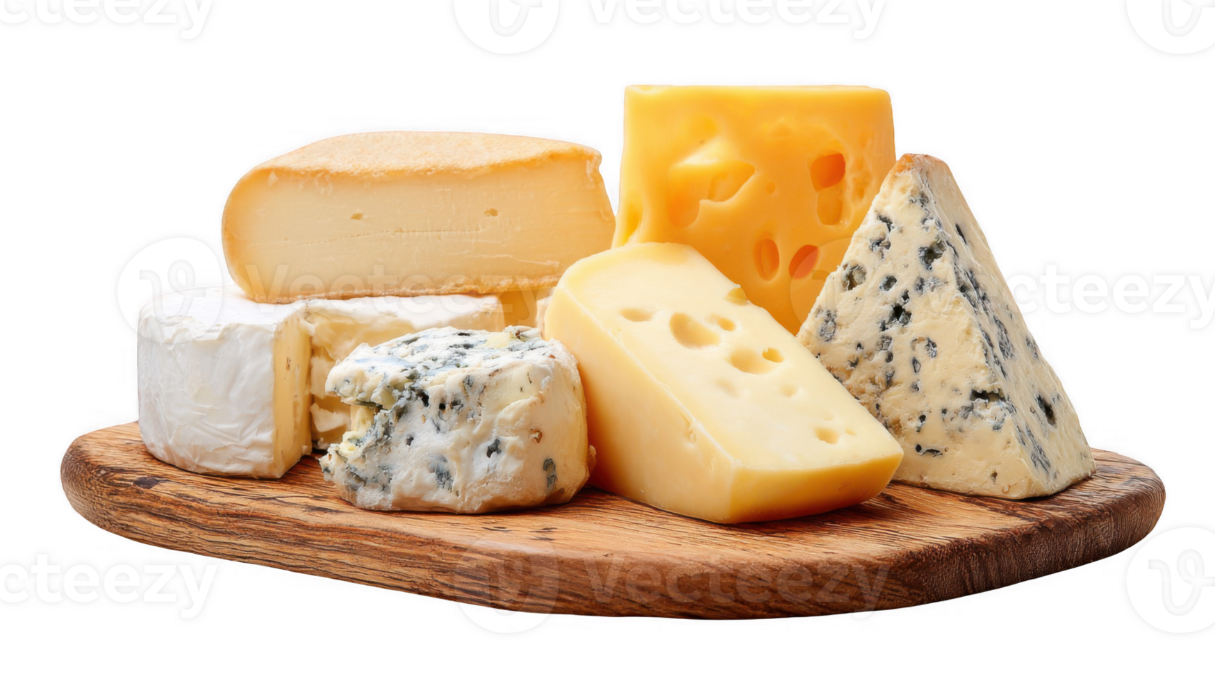 Assorted cheeses on wooden board with transparent background png