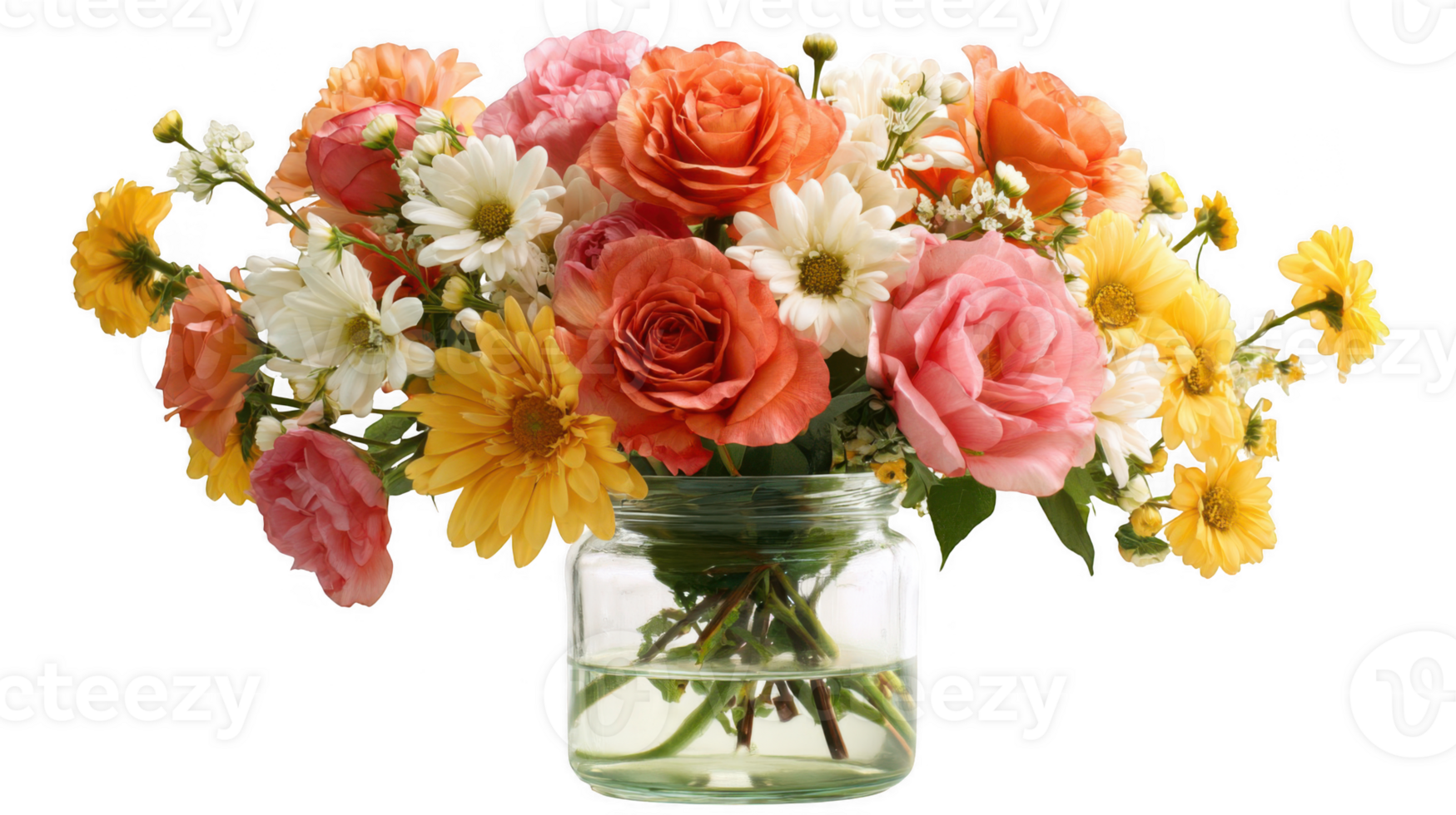 Colorful fresh flowers bouquet in glass jar on transparent background png