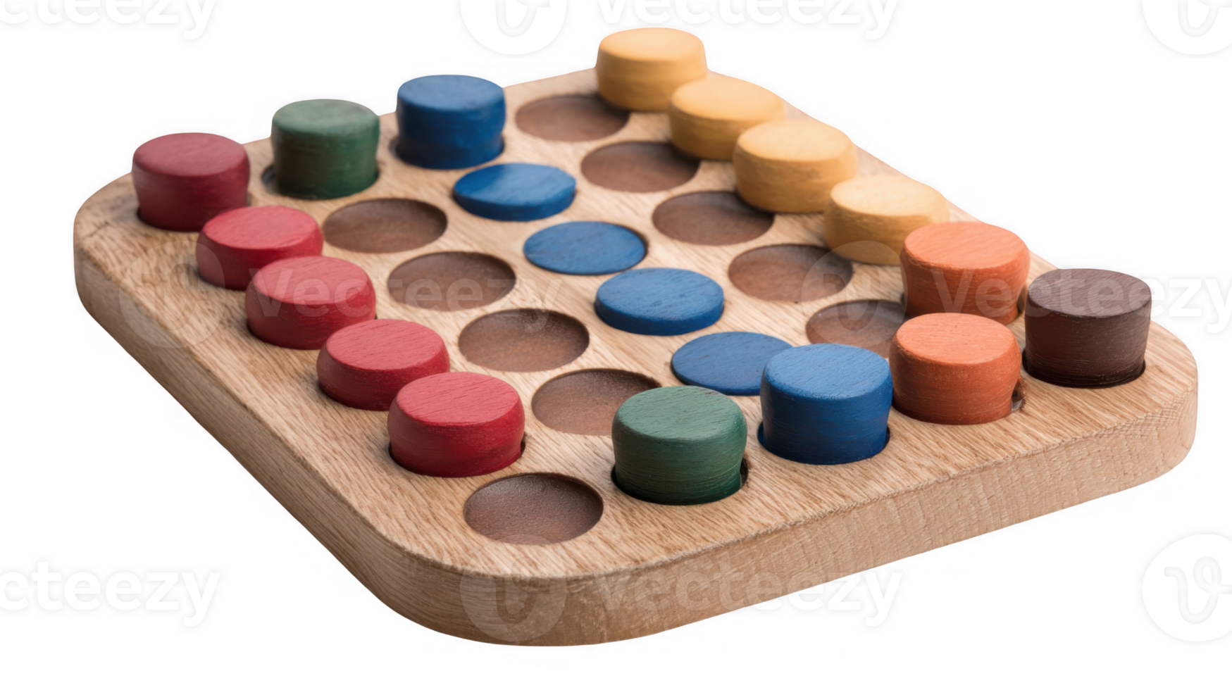 Wooden game board with colored player tokens displayed on transparent background png