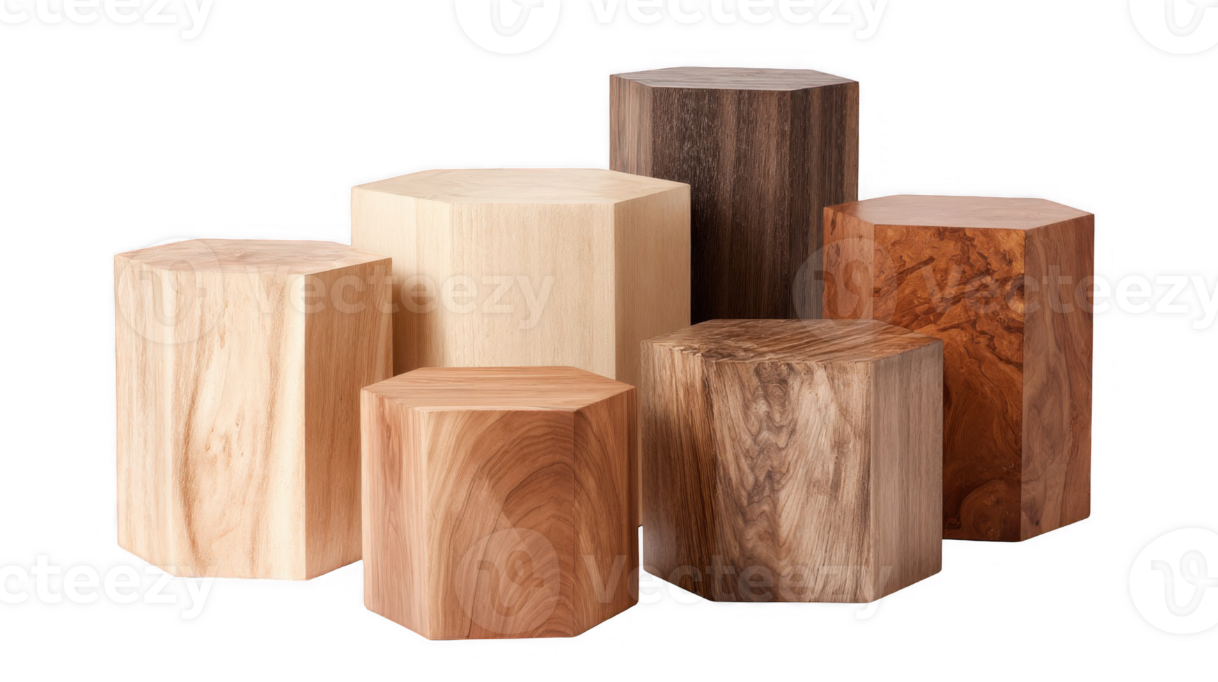 Hexagonal wooden blocks of different heights and colors on transparent background png