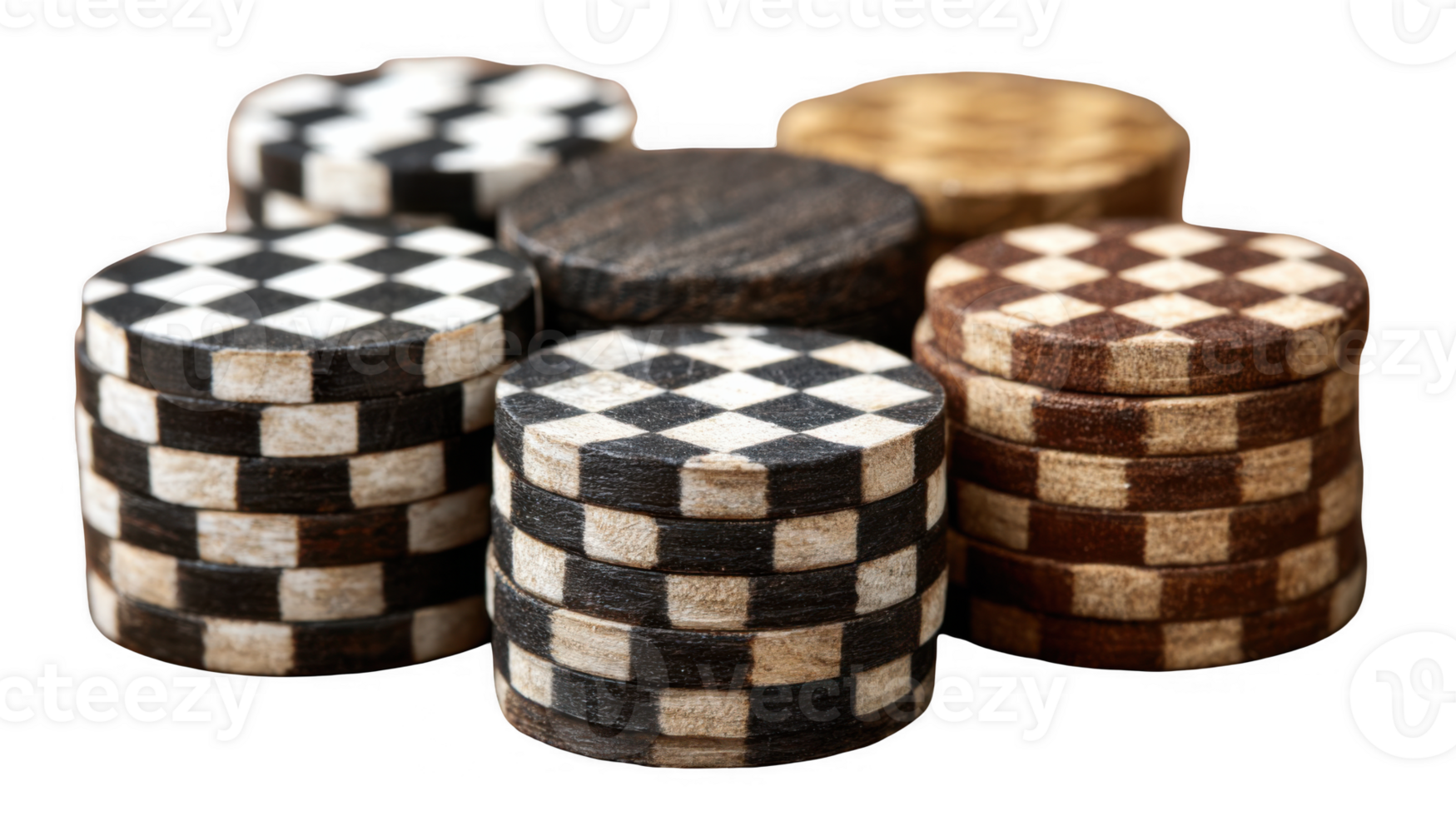 Wooden checkers pieces stacked on transparent background png