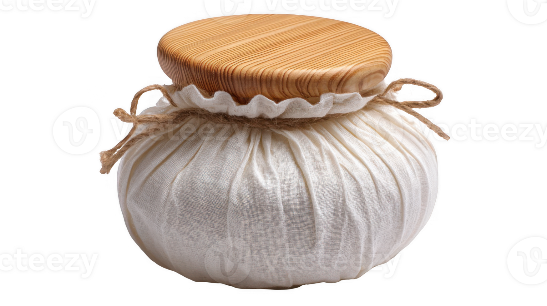 Cheesecloth covered jar with wooden lid and rustic twine on transparent background png