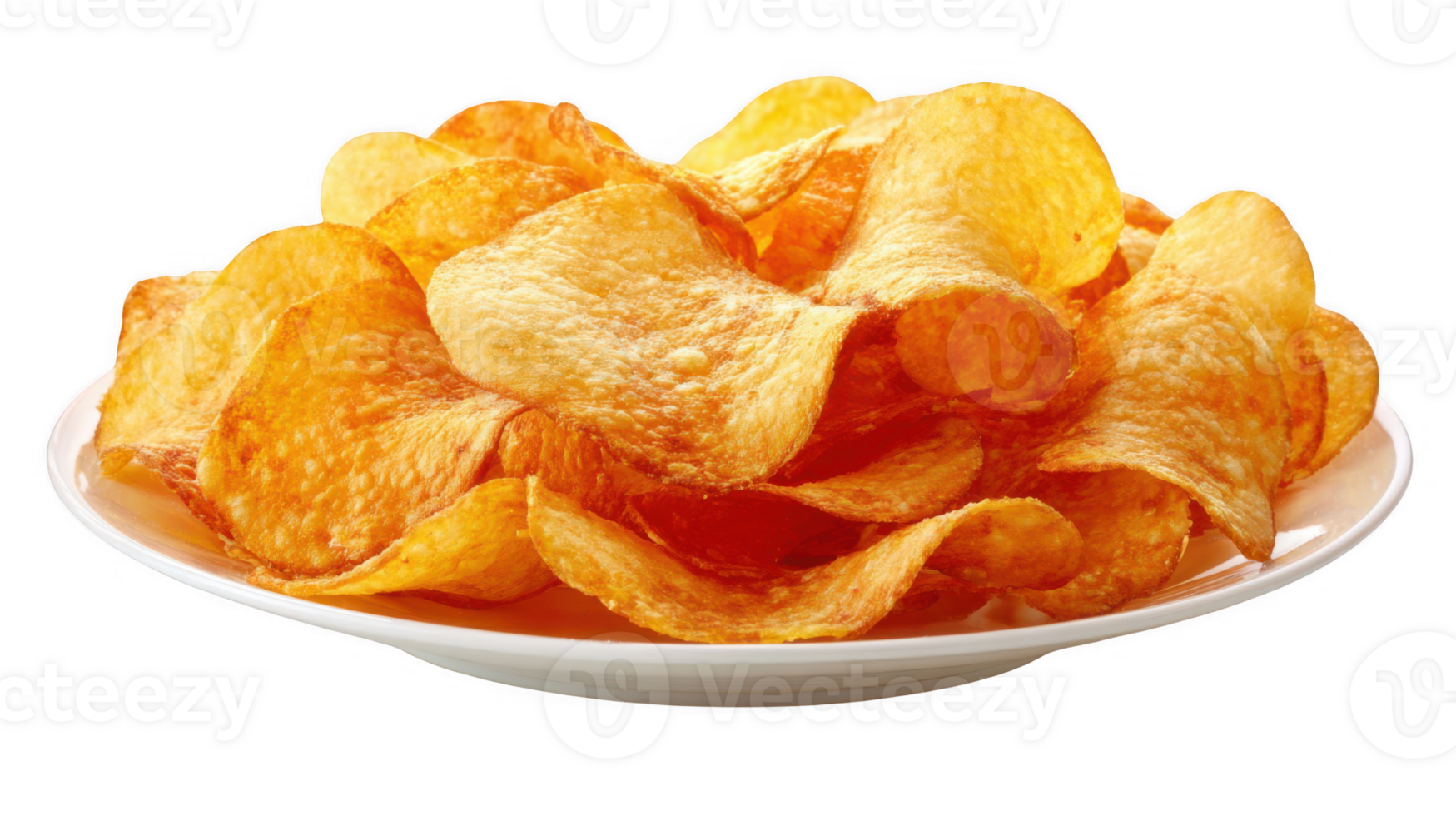Crispy potato chips piled on a plate with transparent background png